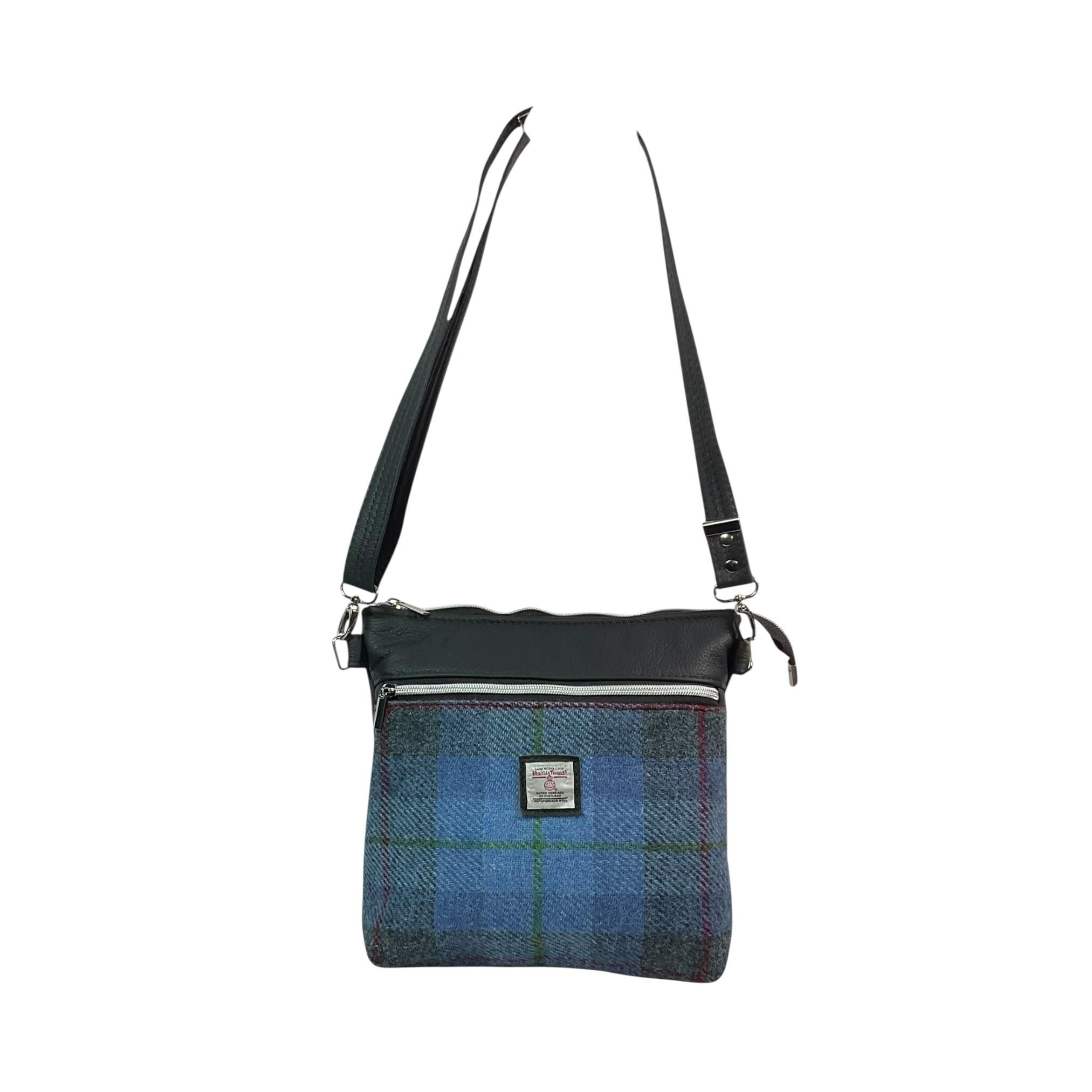 Handbag in genuine leather and Harris tweed tartan print pure wool,  blue and red  check medium sized zip top shoulder bag