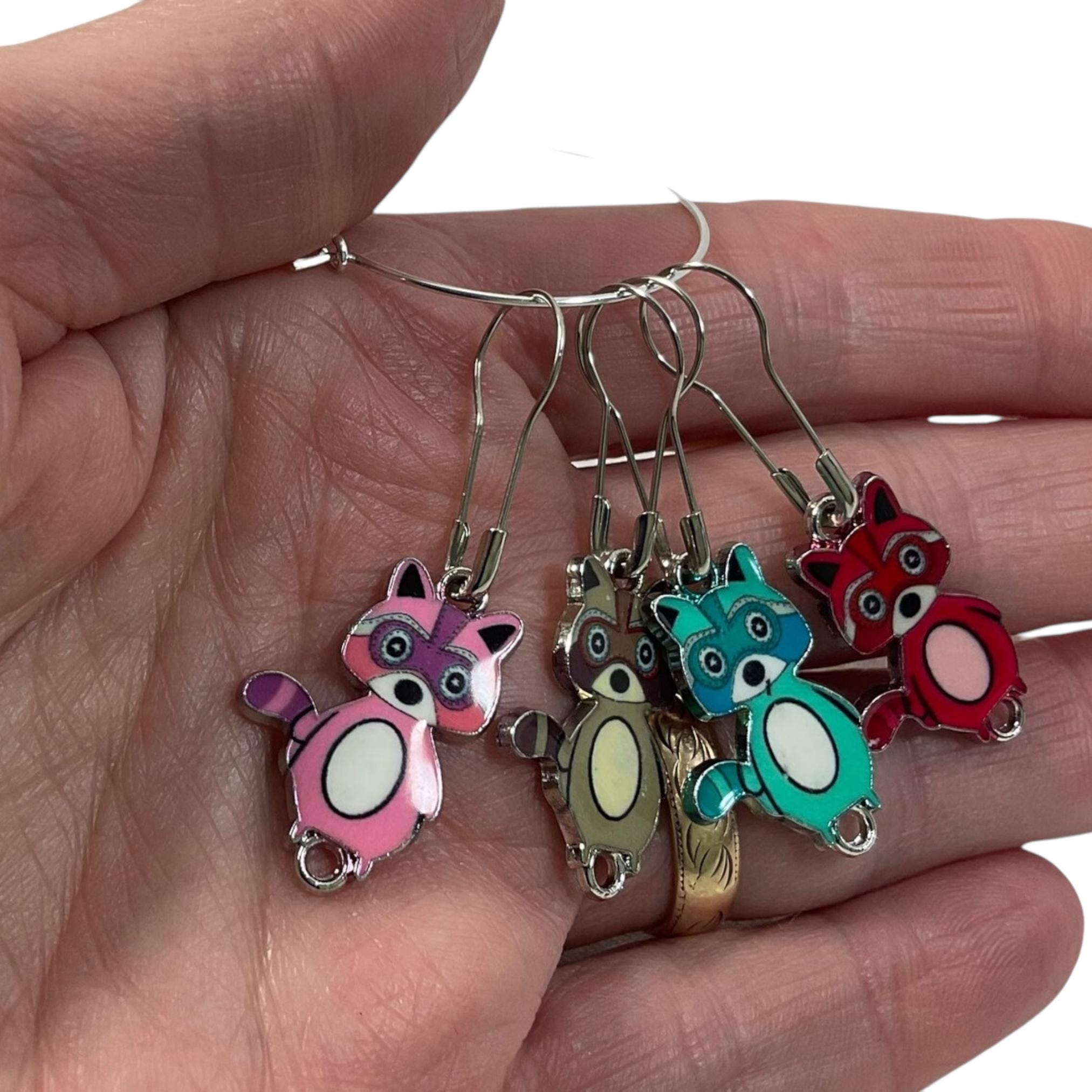 Raccoon Stitch markers, enamelled colourful progress charms, knitting markers, lace markers, knitters gift, gold plated place keeper