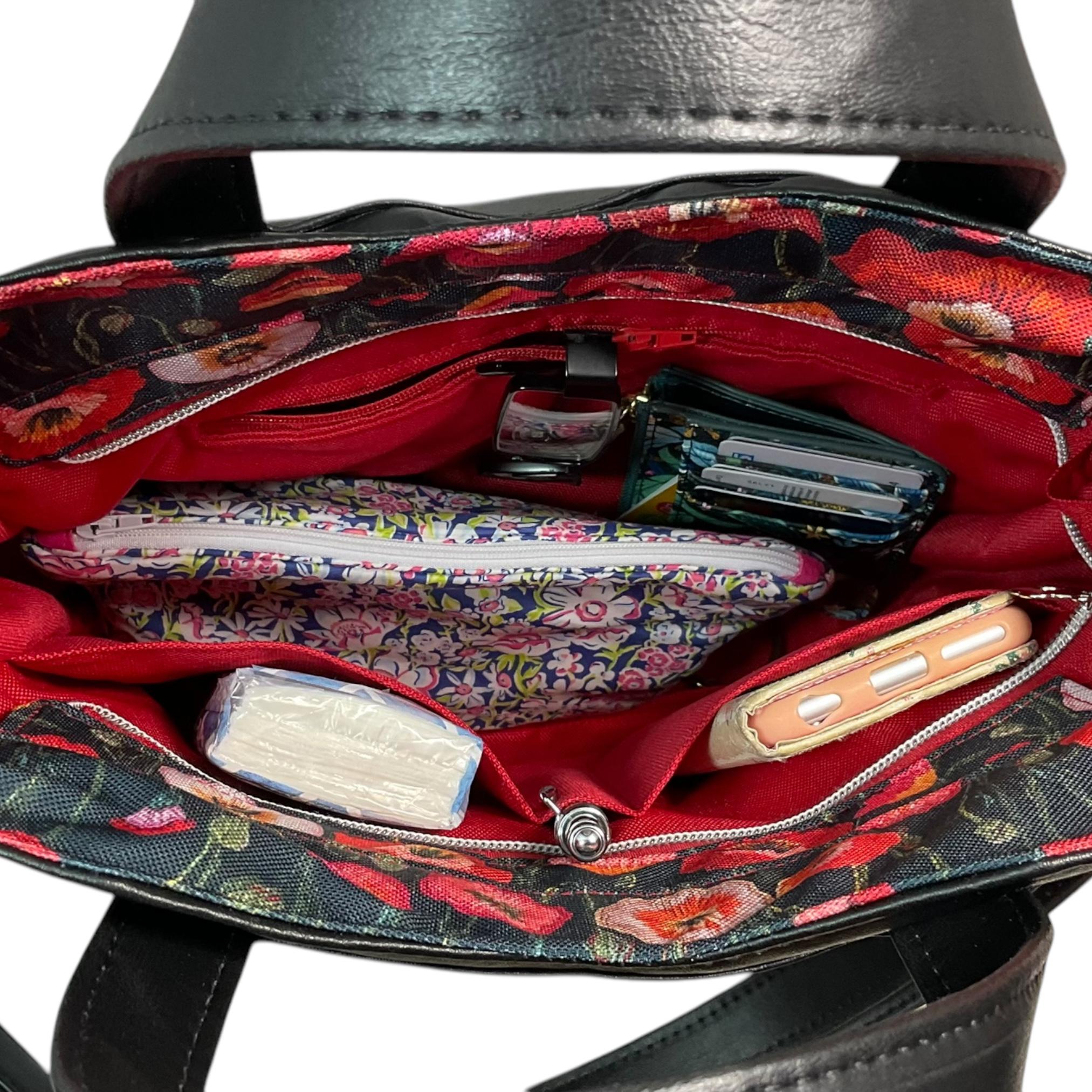 Handbag in faux leather and poppies floral print, vegan ladies gift, handles and crossbody strap bag, rectangular shoulder zip tote