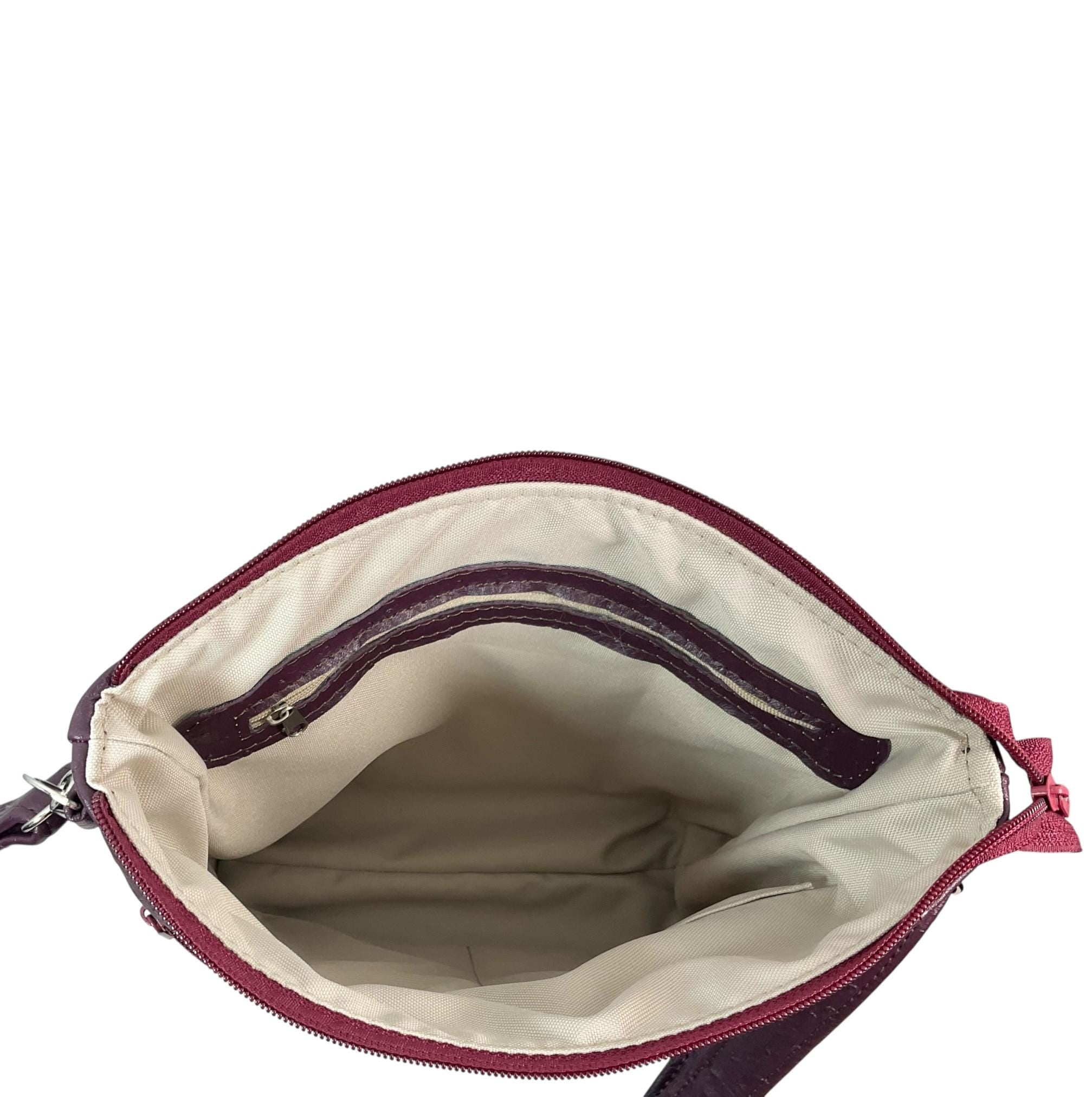 Handbag in faux Leather and floral bramble fabric, raspberry and blackberry fuit medium sized zip top shoulder crossbody