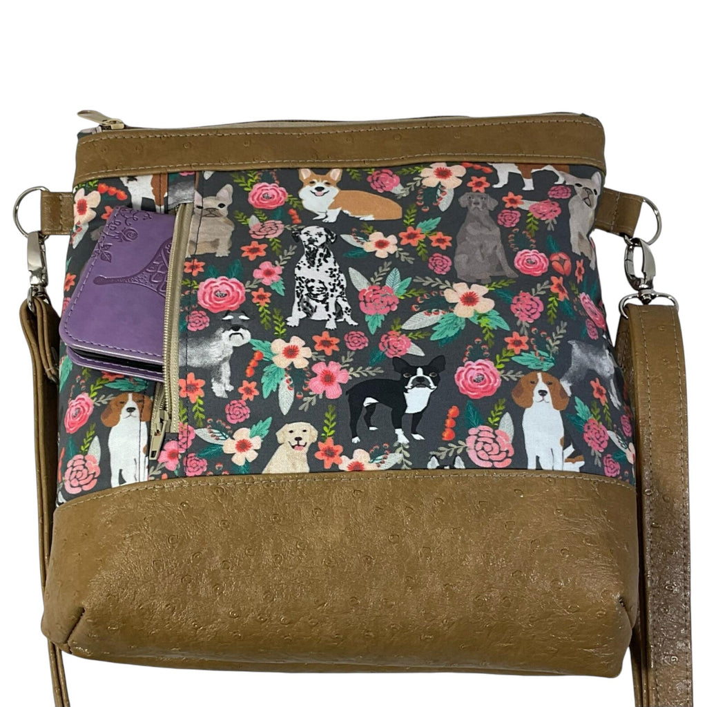 Handbag in faux leather and dog print,  vegan ladies gift, crossbody bag, shoulder zip pouch