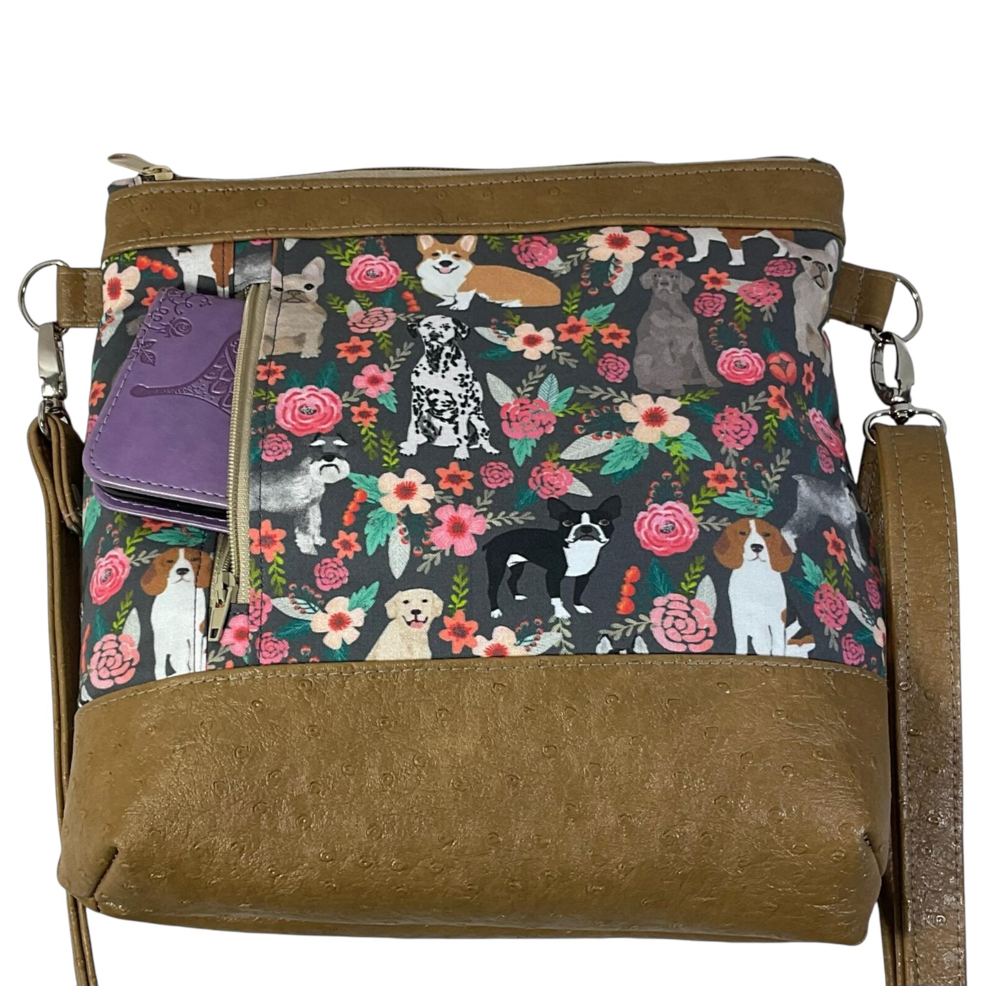 Handbag in faux leather and dog print,  vegan ladies gift, crossbody bag, shoulder zip pouch