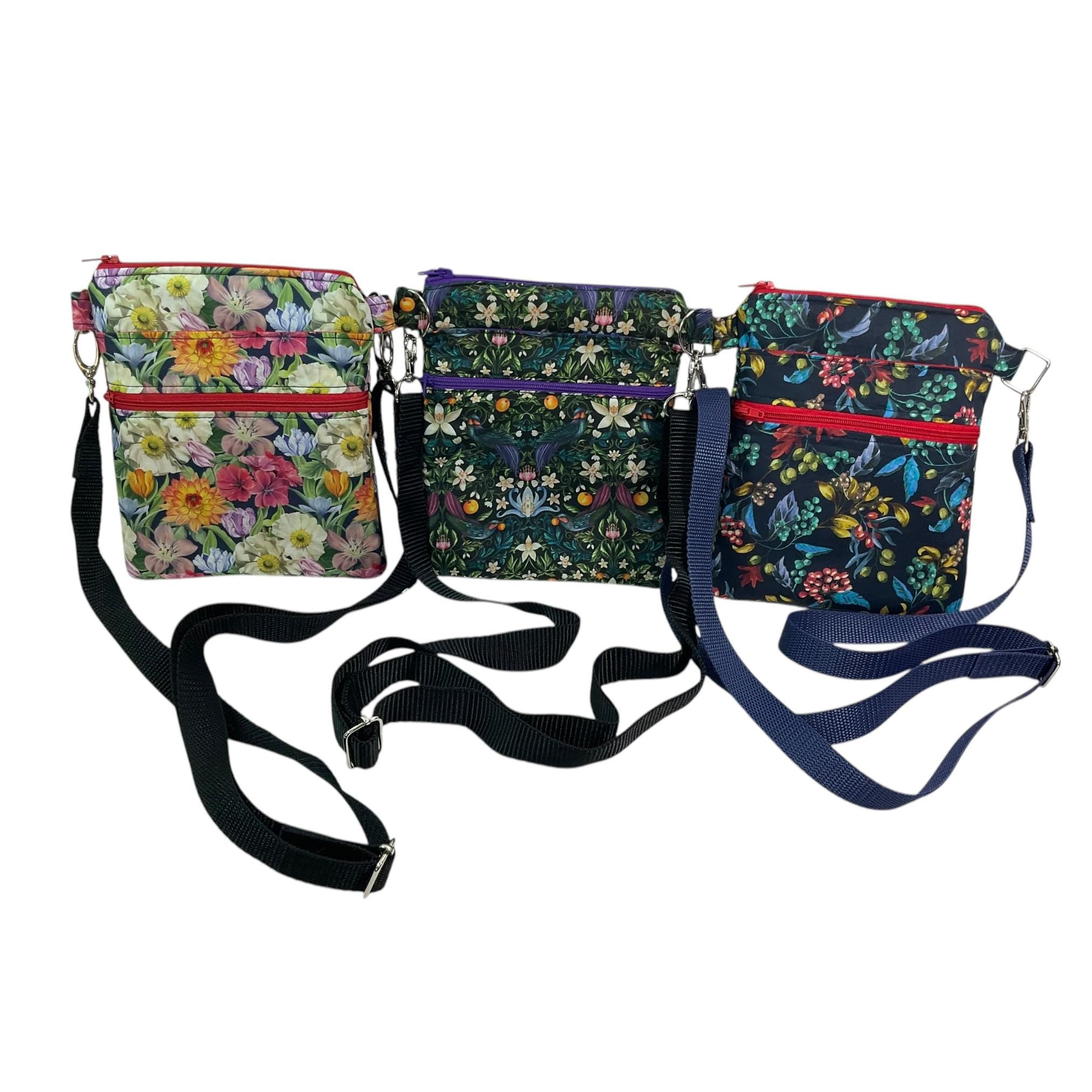Liberty fabric slim phone shoulder bag with multi pockets, teen messenger style floral phone pouch, mini clutch bag, clubbing festival bag,