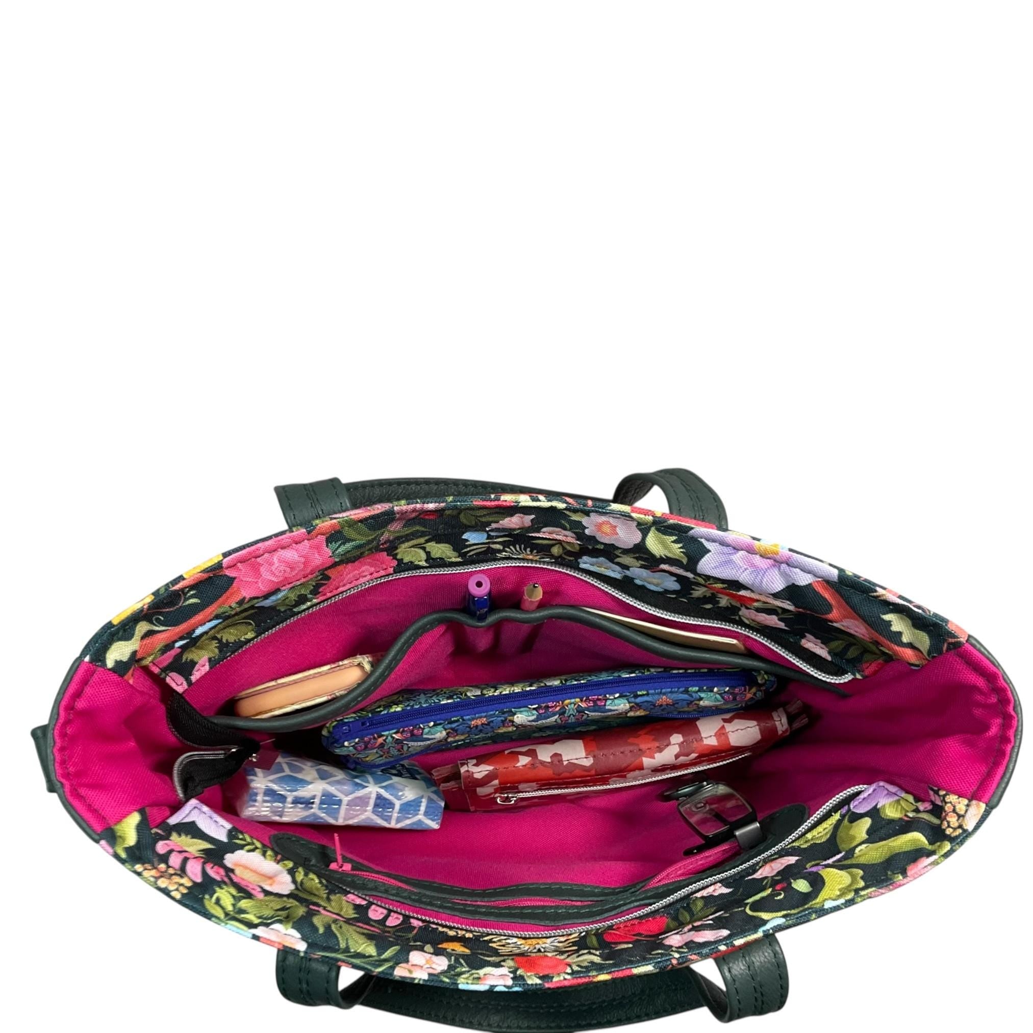 Crossbody Handbag with floral bird print, made in genuine leather, unique large woodland shoulder tote, zip pocket,  ladies gift