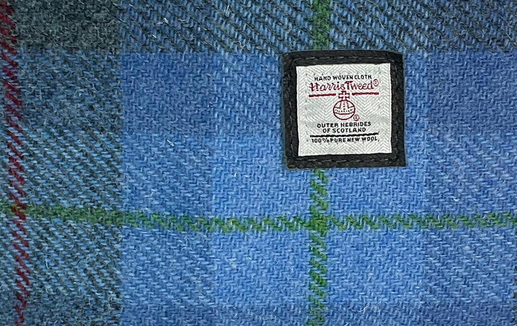 Handbag in genuine leather and Harris tweed tartan print pure wool,  blue and red  check medium sized zip top shoulder bag