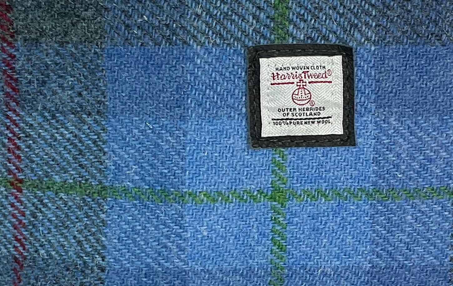Handbag in genuine leather and Harris tweed tartan print pure wool,  blue and red  check medium sized zip top shoulder bag