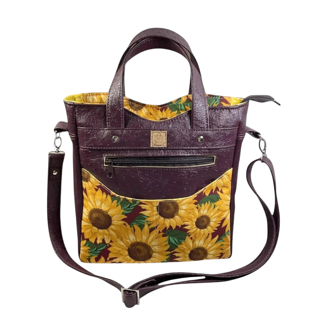 Handbag in faux leather and Sunflower floral print, vegan ladies gift, handles and crossbody strap bag, rectangular shoulder zip pouch,