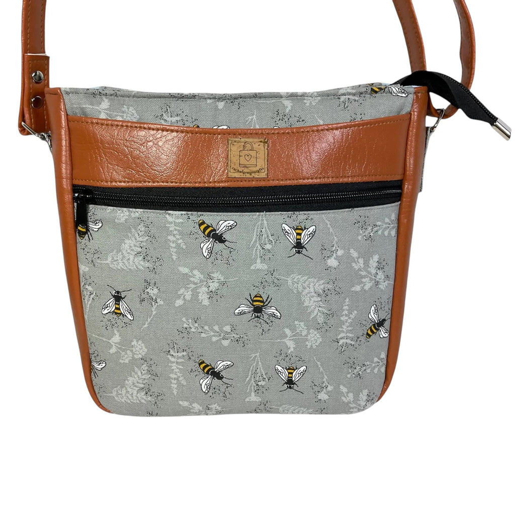 Handbag in faux leather and bee print,  vegan ladies gift, crossbody bag, shoulder zip pouch