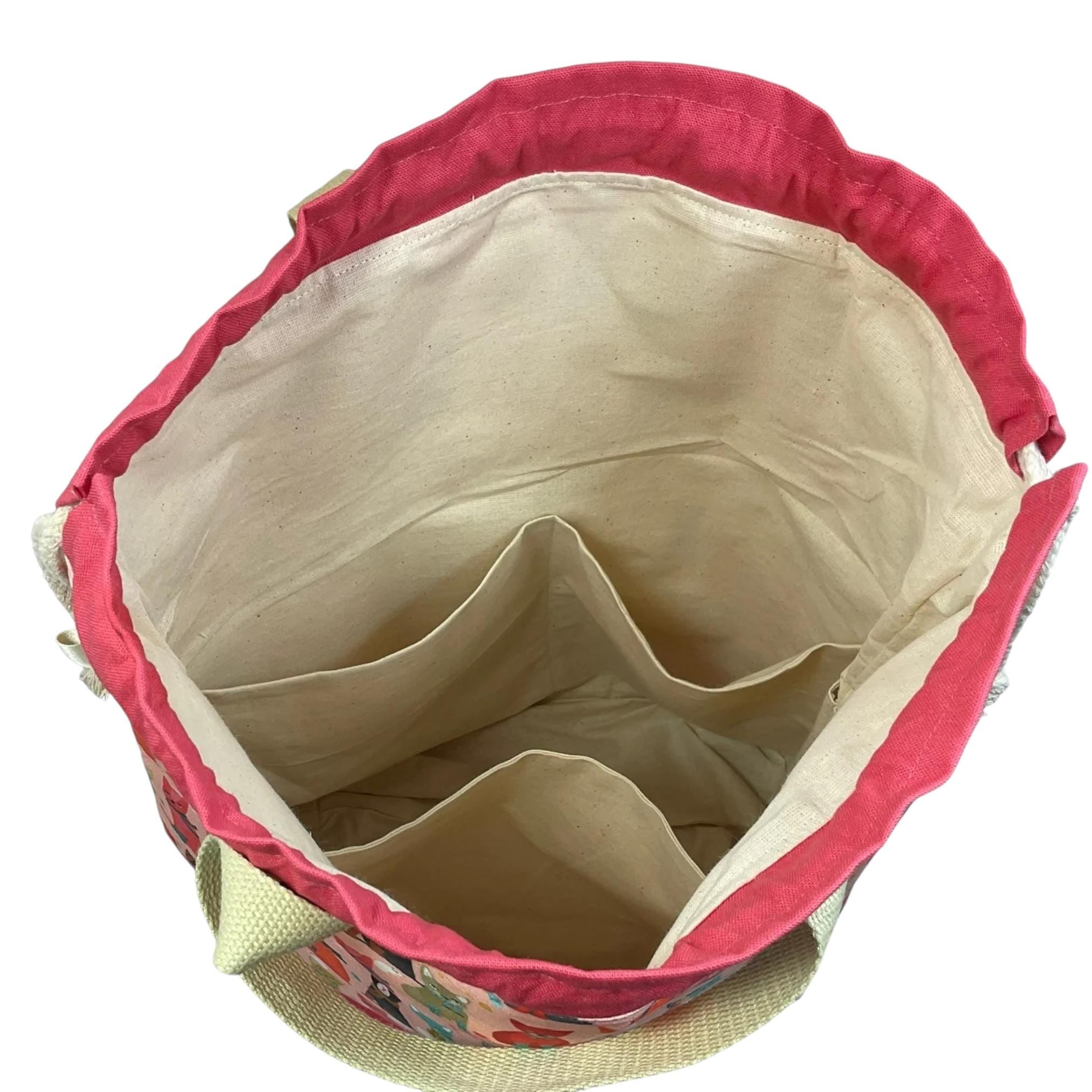 Extra Large drawstring knitting bag with cat print, multi pockets project bag with handle