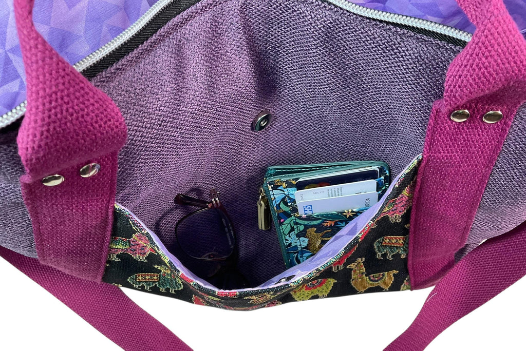 Knitting and crochet tote bag with zip top, large llamas organiser crossbody bag