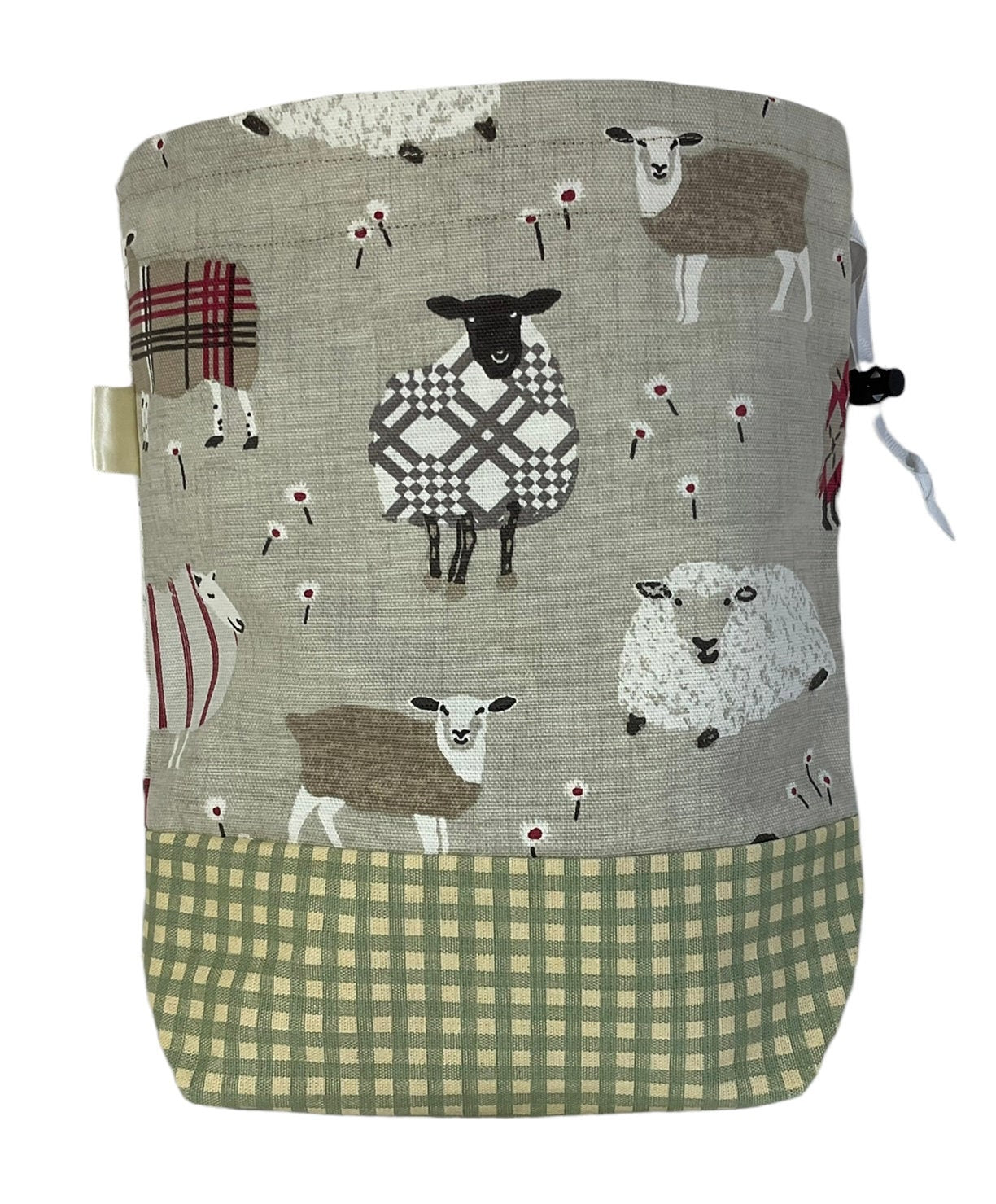 Two at a time knitting bag with tartan/plaid sheep, blue sock sack, drawstring divided, shoe, toiletries pouch, work in progress, WIP