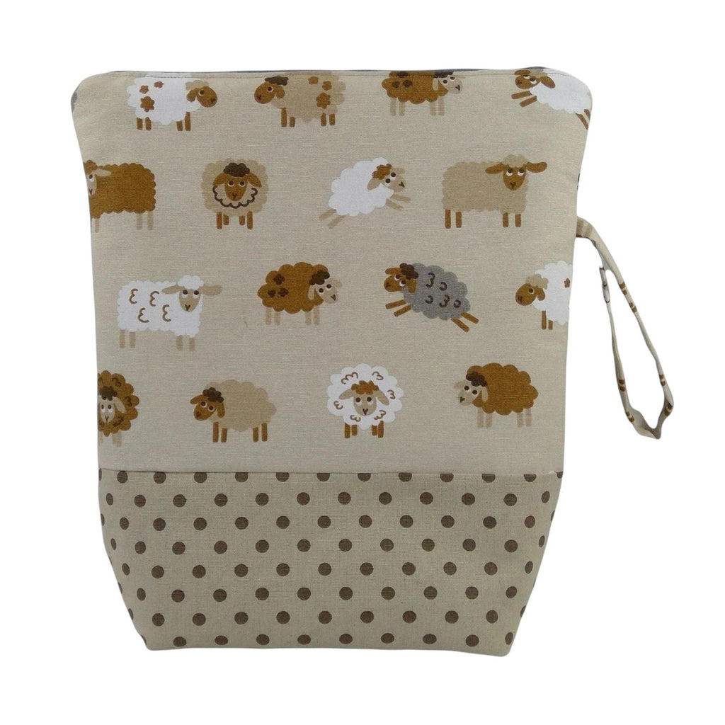 Large knitting pouch bag with natural coloured sheep, knitters zipped project craft tote, sheep lovers gift