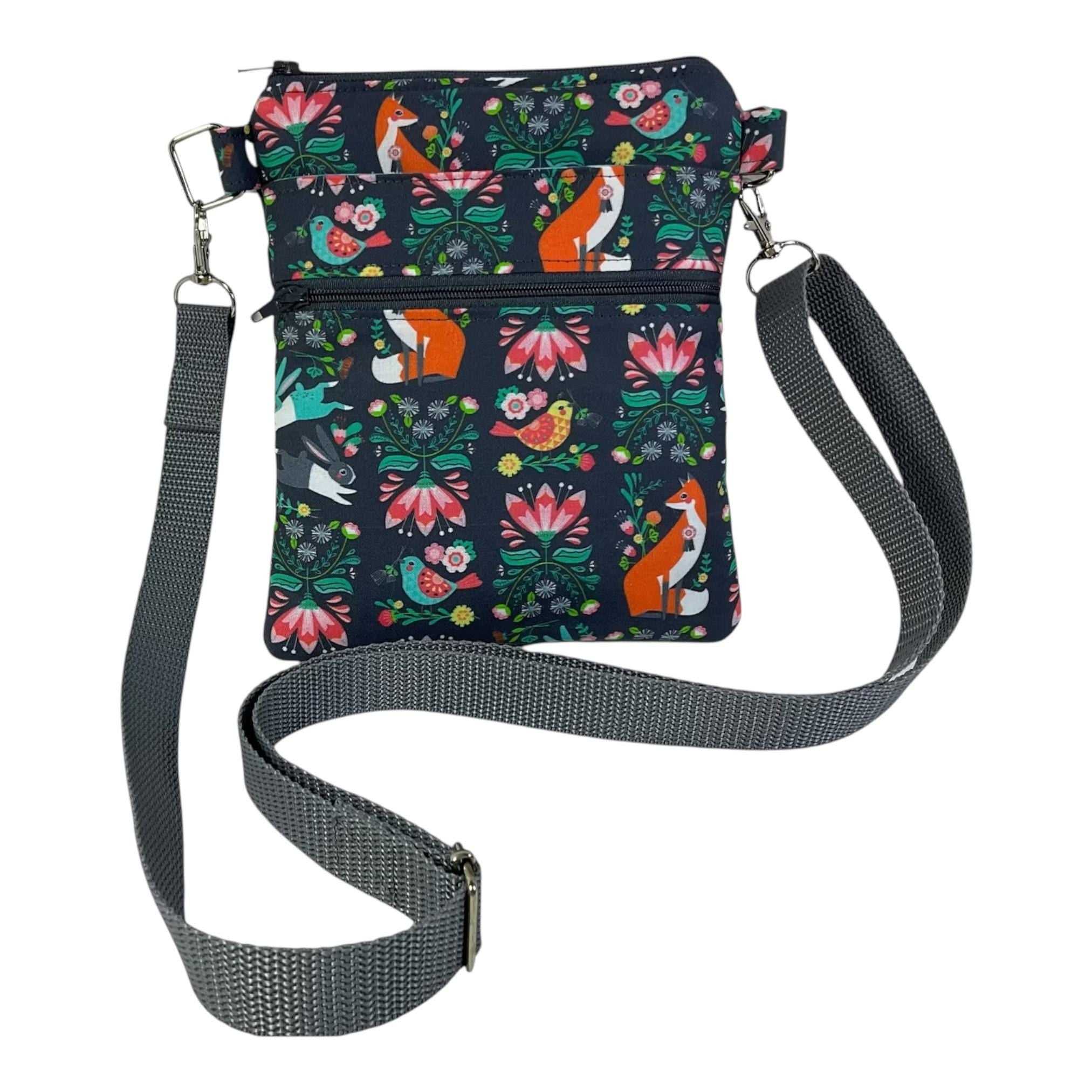 Woodland print small shoulder phone bag, Deer, fox, rabbit, hedgehog  handbag, teenager purse, essentials bag