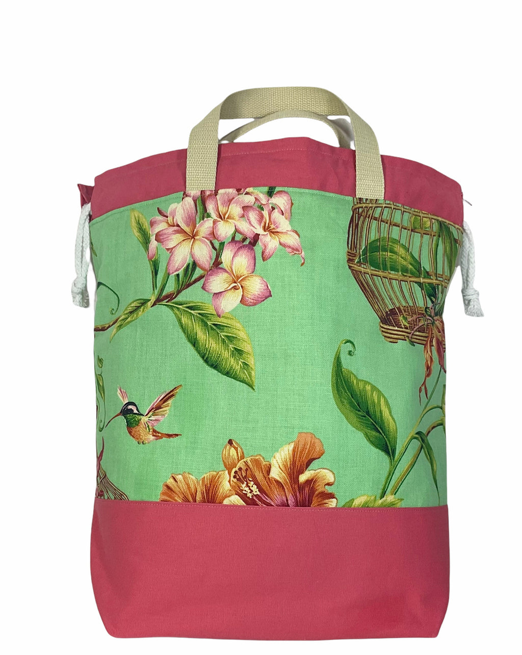 Extra Large canvas drawstring knitting bag with hummingbirds and butterflies print, multi pockets project bag with handles