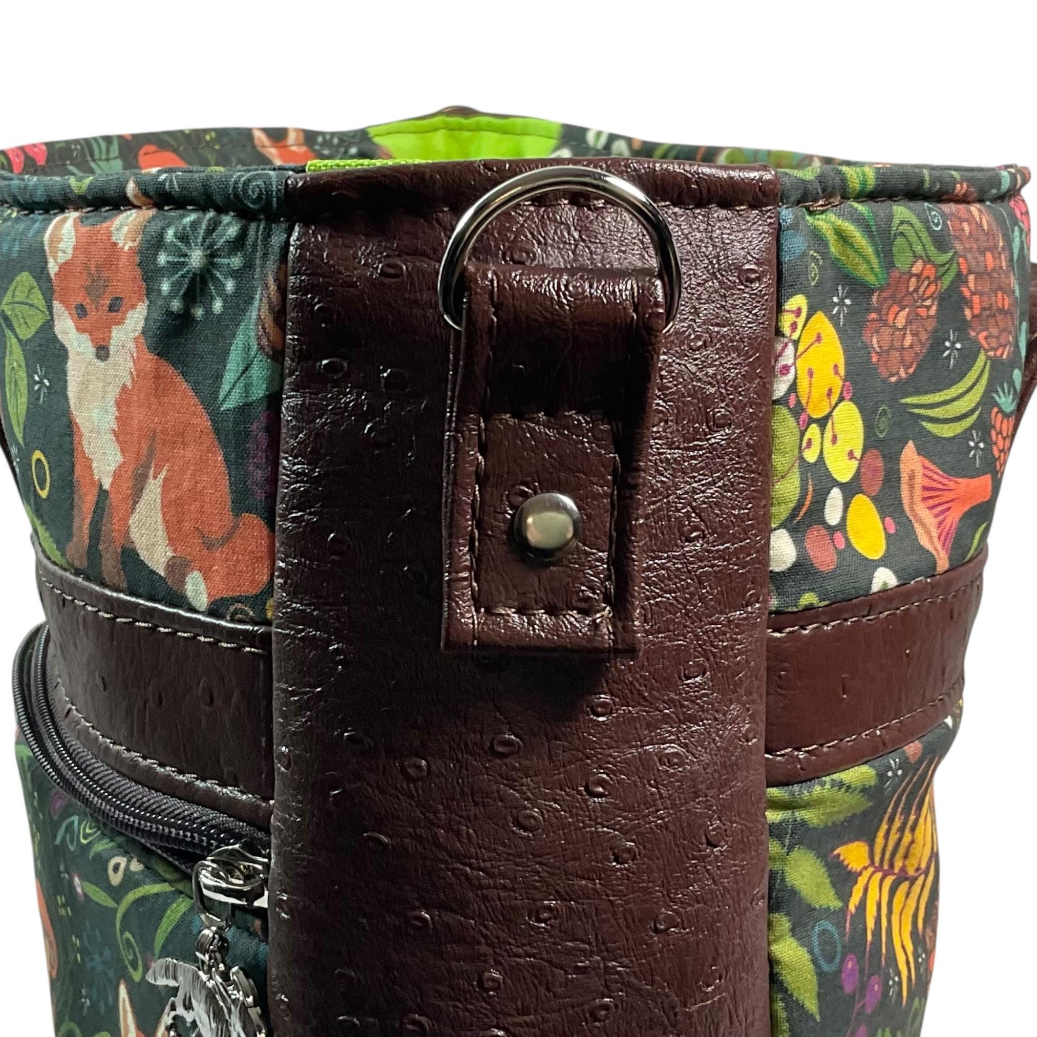 Crossbody Handbag in fox and squirrel print,  made in chocolate shade faux leather,  large woodland shoulder tote, zip pocket,  ladies gift