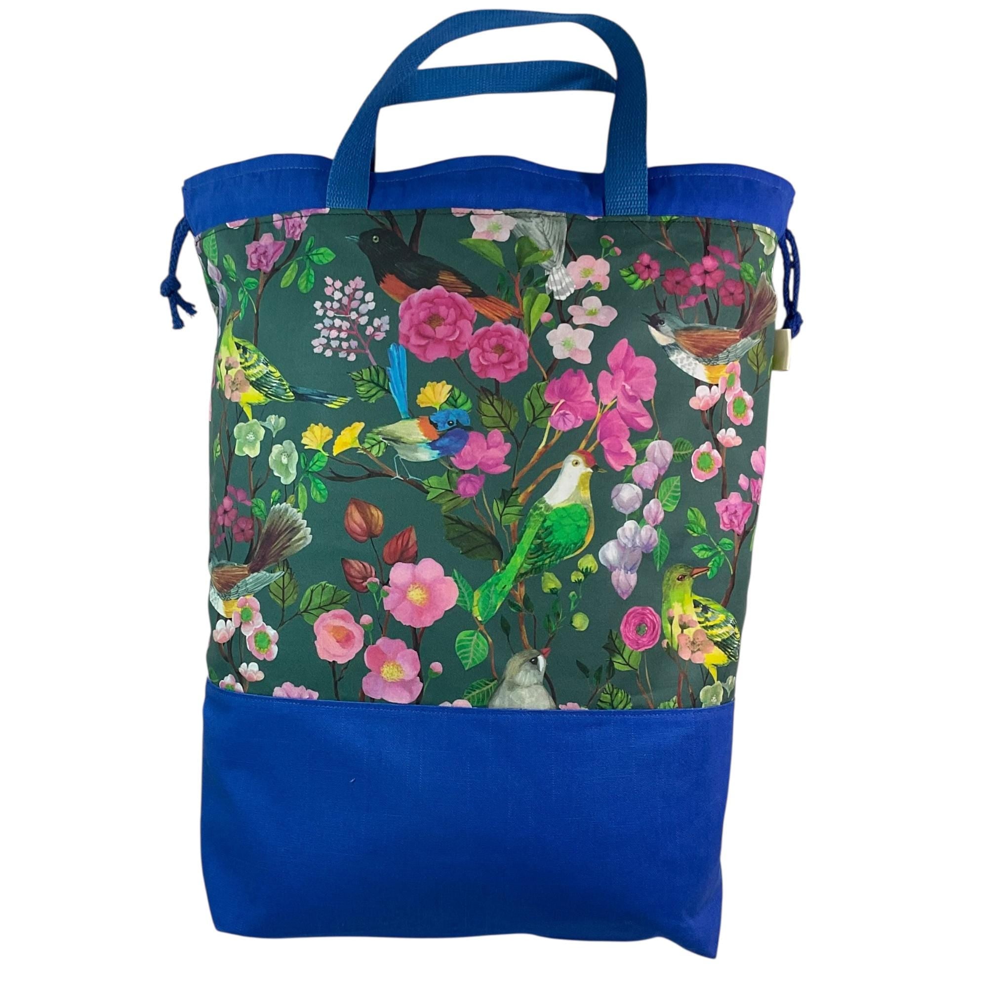 XXL  drawstring knitting bag with birds print supersized multi pockets project bag with handles, bird lover gift