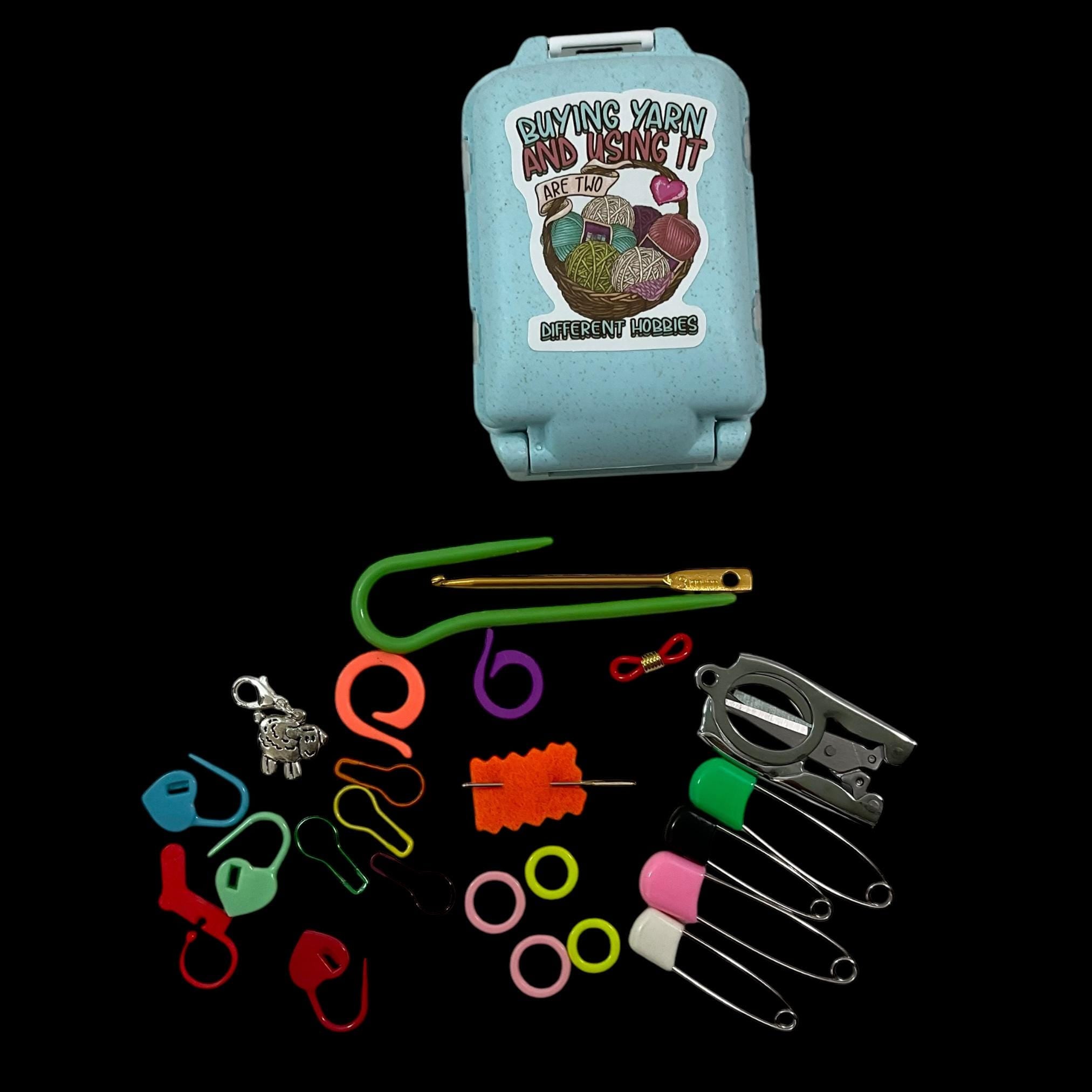Knitting notions and accessories box filled with tools, butterfly,  sheep or cat motif, stitch marker 8 compartment organiser for crochet