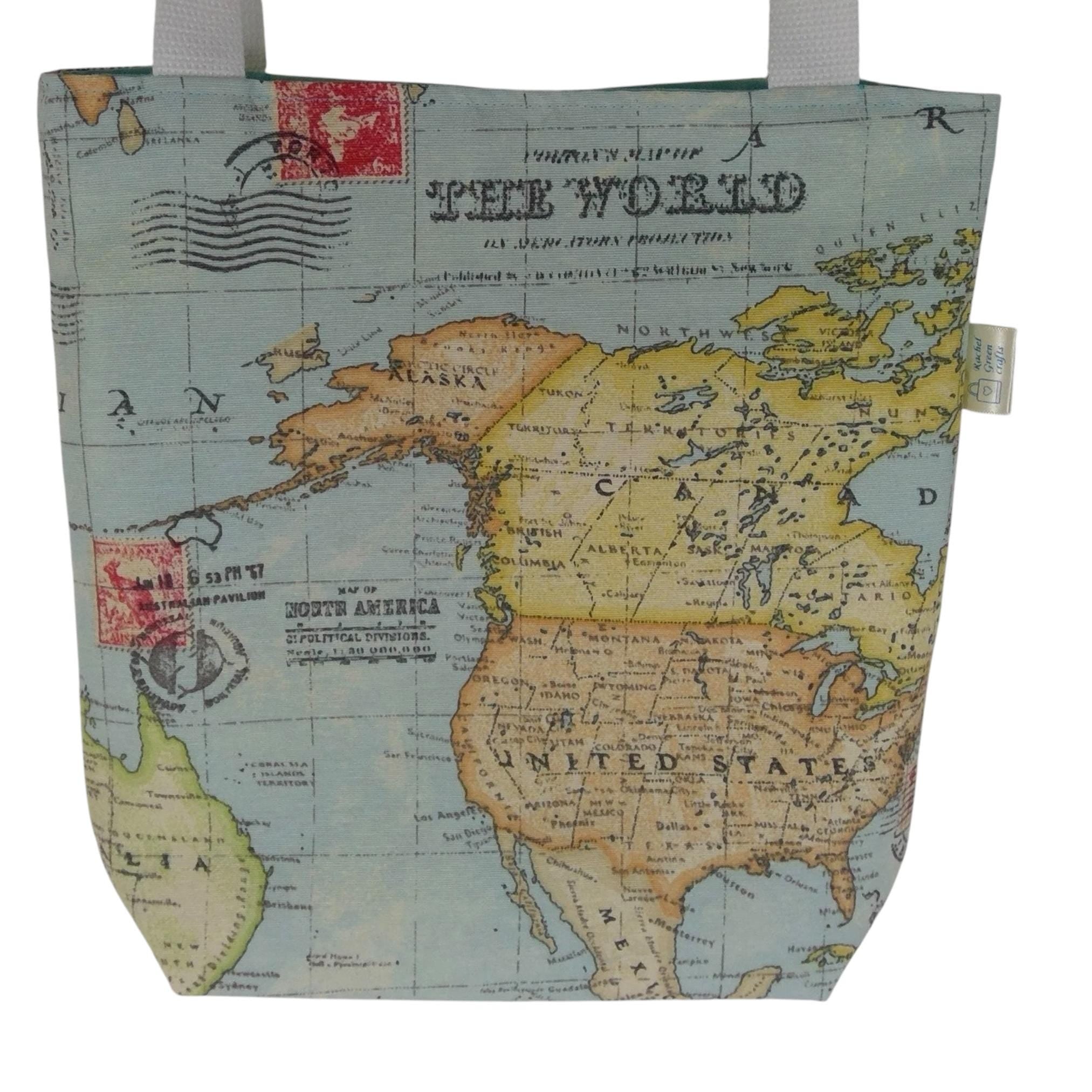 Map print Small cotton canvas tote bag, USA map book purse, lined tote, mini shopping bag, small project bag, girls shoulder purse