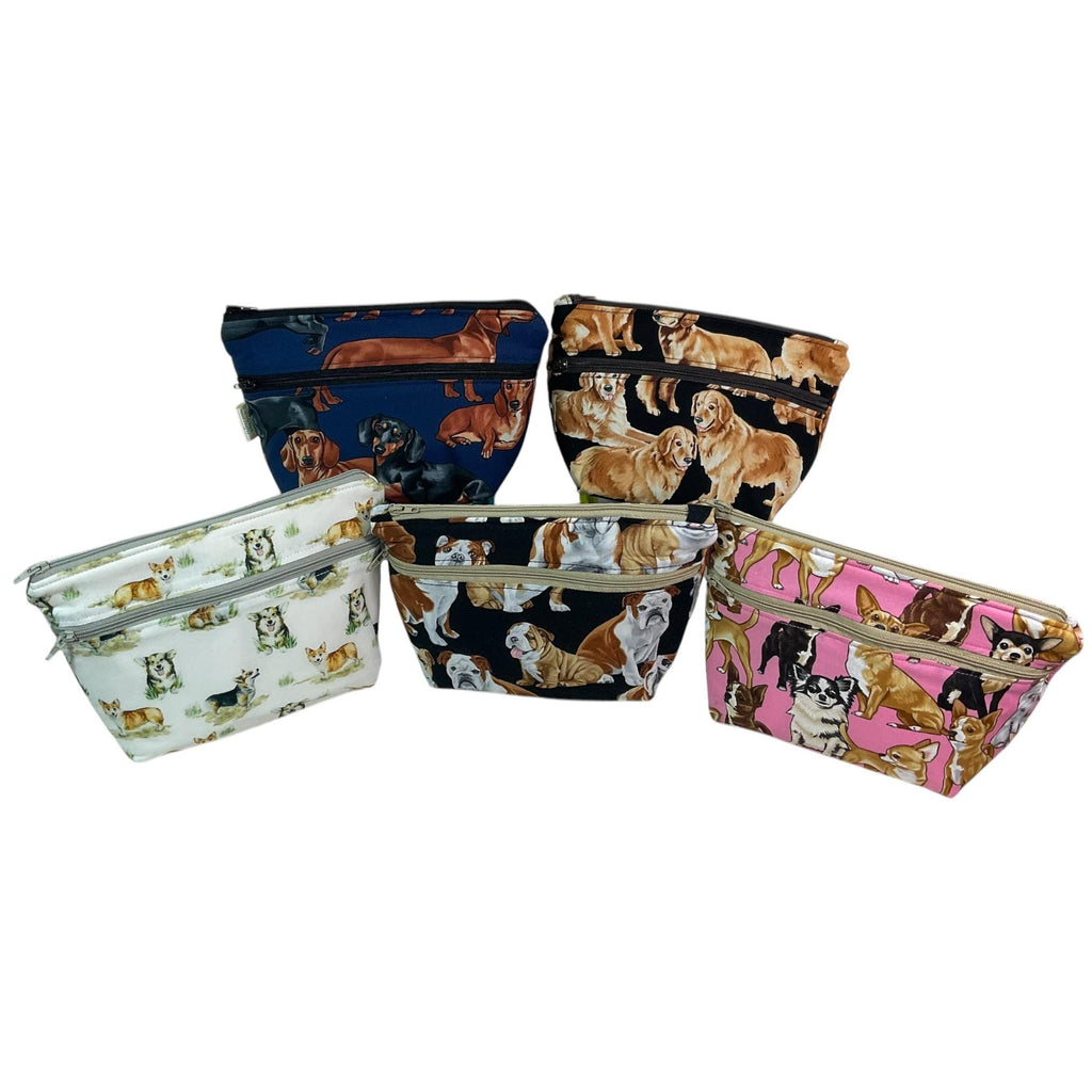 Cosmetics bag with corgi, chihuahua, bulldog, retriever and daschund,  dog breeds print,  2 pockets, water resistant makeup pouch,