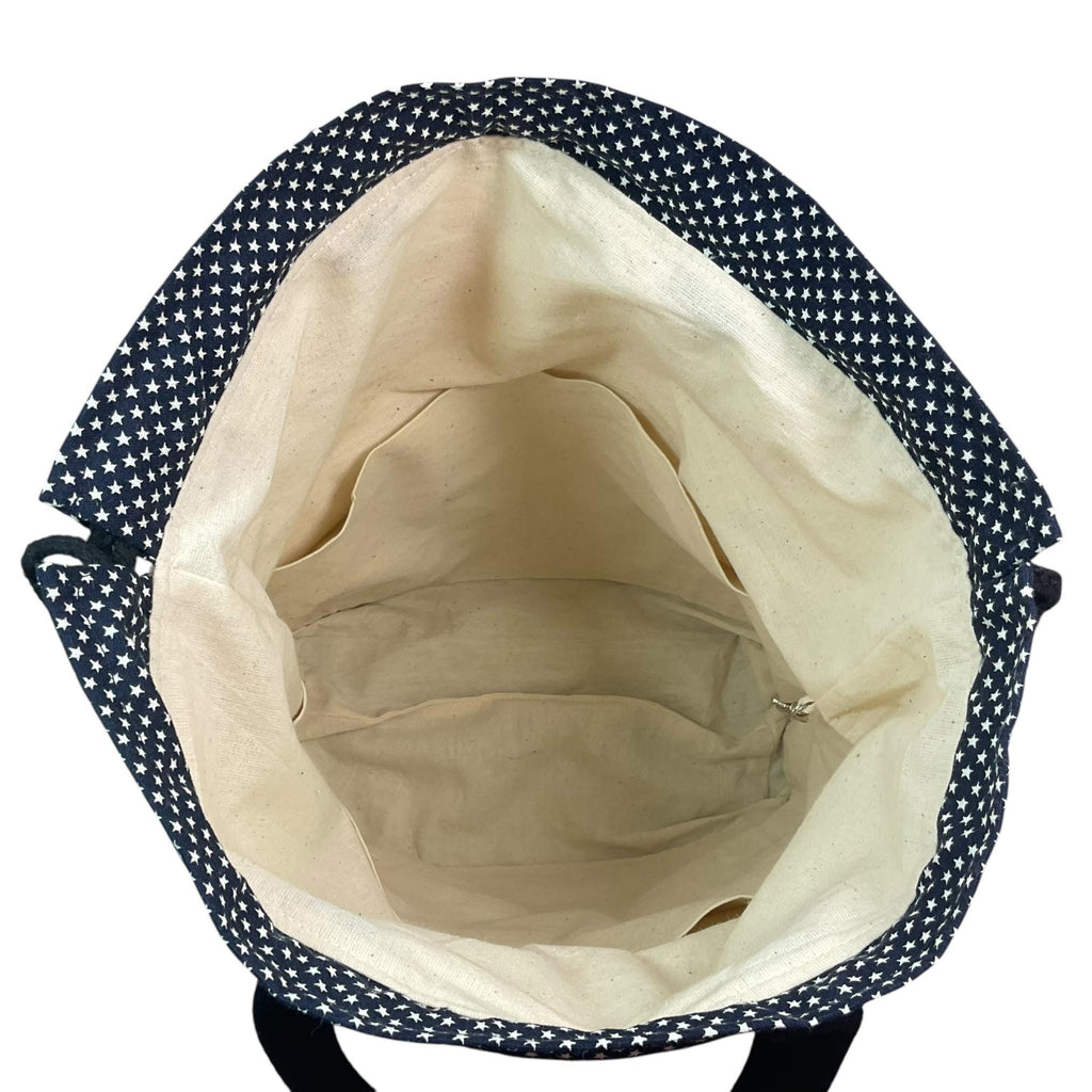 Extra Large drawstring knitting bag with cat print, multi pockets project bag with handles