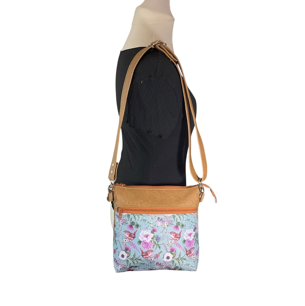 Floral Bird Print Faux Leather Handbag: Zip Top Crossbody Bag