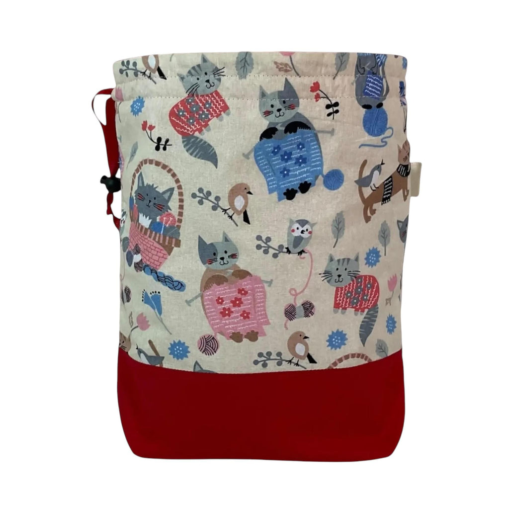 Two at a time knitting bag with cats, medium sock sack, red divided drawstring crochet and crafting work in progress bag , WIP bag
