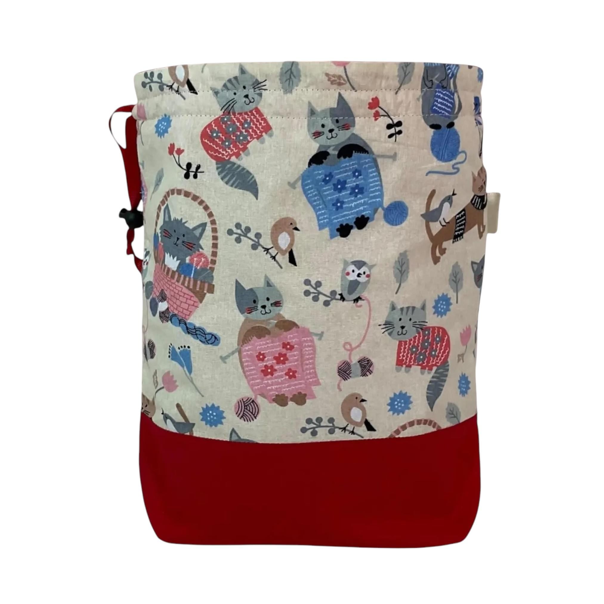 Two at a time knitting bag with cats, medium sock sack, red divided drawstring crochet and crafting work in progress bag , WIP bag