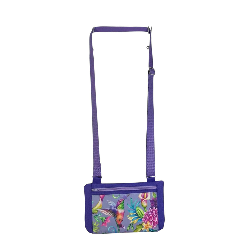Small shoulder phone bag, flat hummingbird print Pouch, purple handbag, teenager purse, essentials bag