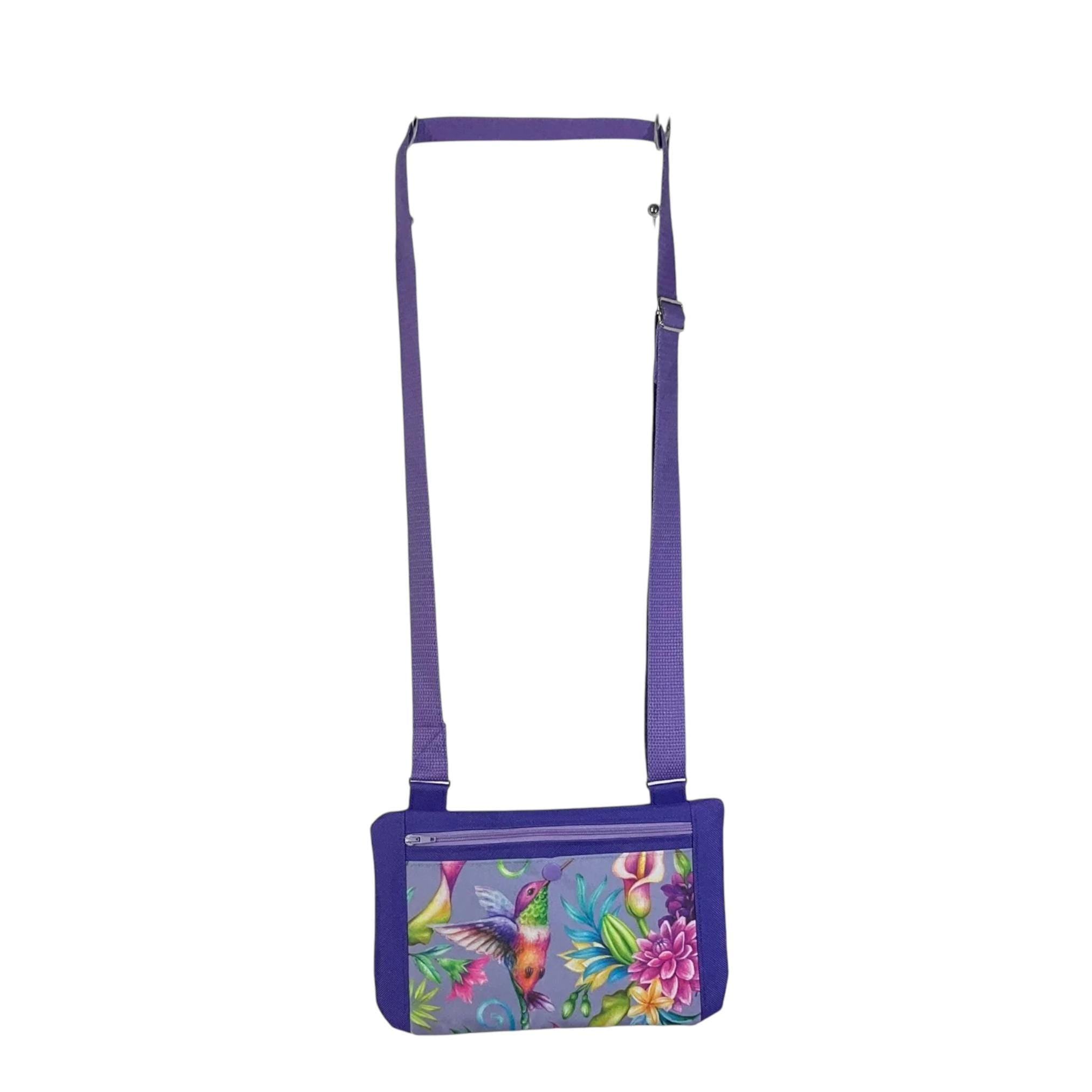 Small shoulder phone bag, flat hummingbird print Pouch, purple handbag, teenager purse, essentials bag