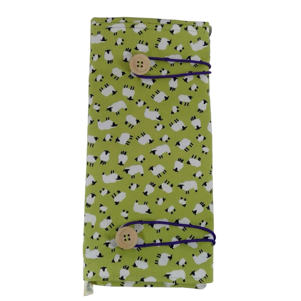 Double pointed knitting needle case with green sheep, DPN or crochet hook case, sock knitters gift,