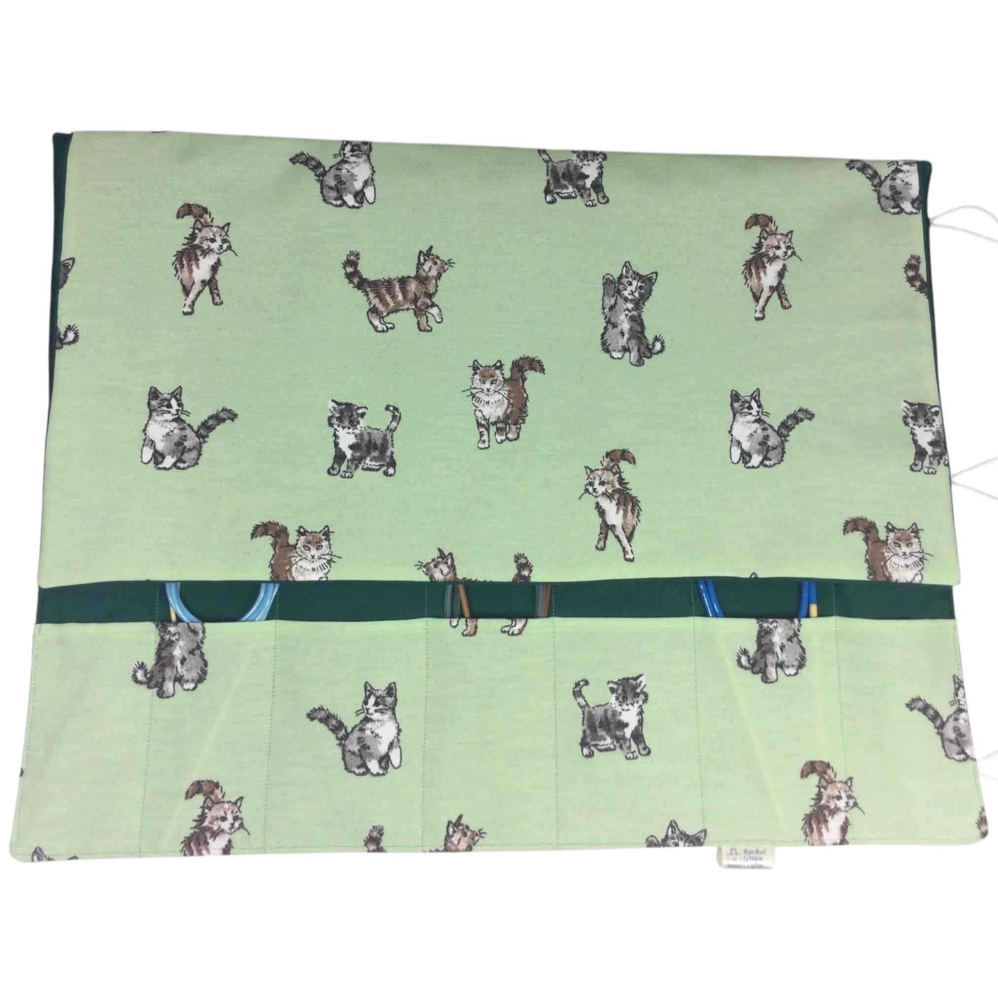 Straight and circular knitting needle case with cats  print, heavy weight storage pouch, long needles wallet, fixed sock needle