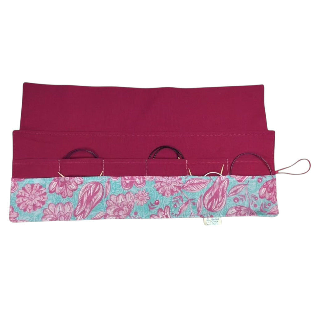 Circular needle case for short needles in floral print, needle wallet, fixed 16" case, 9" sock needles, 12" , knitters gift, needle holder,