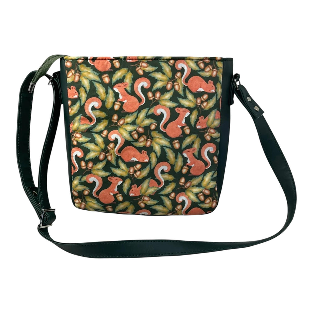 Handbag in faux leather and squirrel print,  vegan ladies gift, woodland crossbody bag, shoulder zip pouch