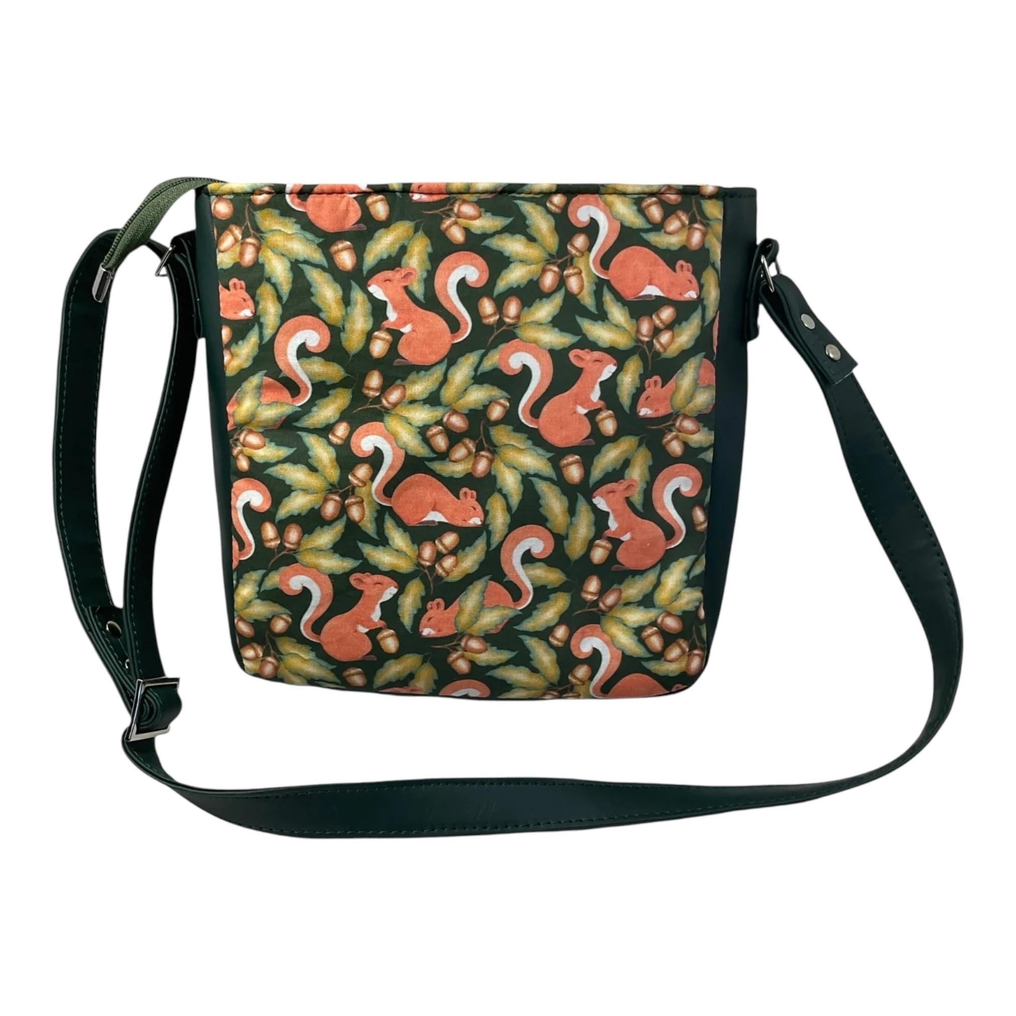 Handbag in faux leather and squirrel print,  vegan ladies gift, woodland crossbody bag, shoulder zip pouch