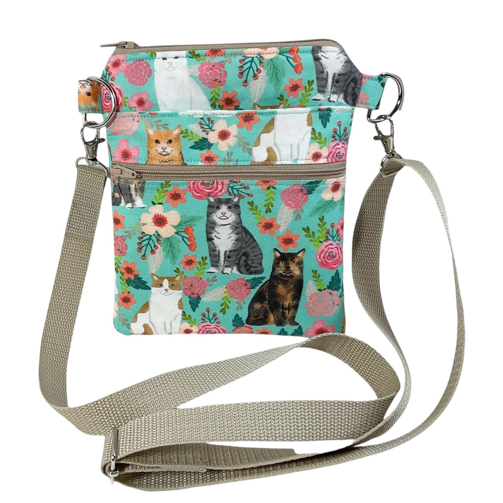 Slim phone shoulder bag with multi pockets and cat print, teen messenger phone pouch, mini clutch bag, clubbing festival bag, cat lover gift