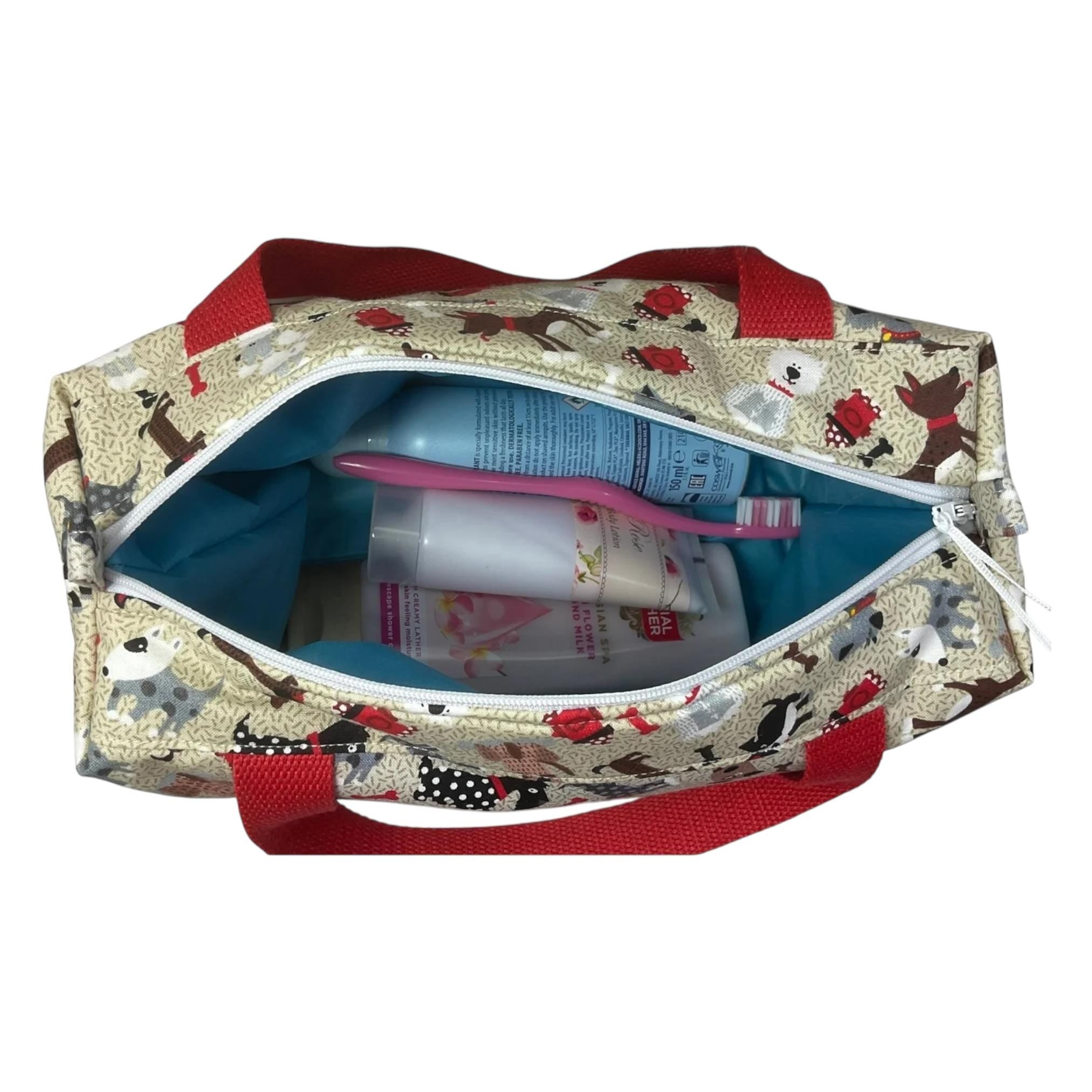 Large dog toiletries bag with handles and zip pocket, dog print Waterproof lined wash pouch, camping  ladies  gift, womens sponge bag