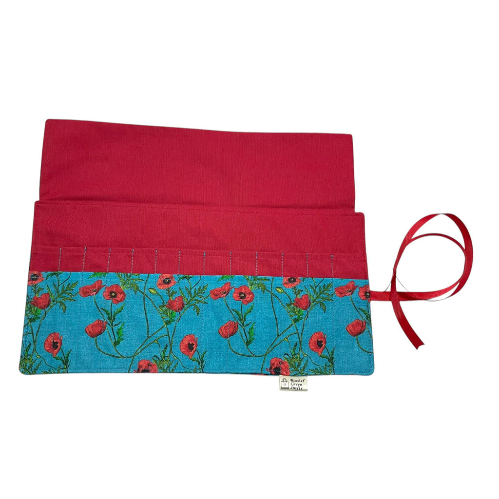 Crochet hook case  with pretty floral poppies print, Ergonomic hook organiser, roll up short Dpn case, crochet lover gift, knitters gift,