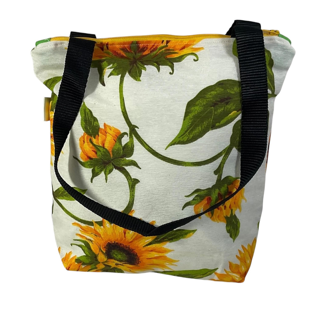 Small zip top canvas tote bag with sunflowers ,floral lover small cotton book purse, bag with pockets  , gift for girls