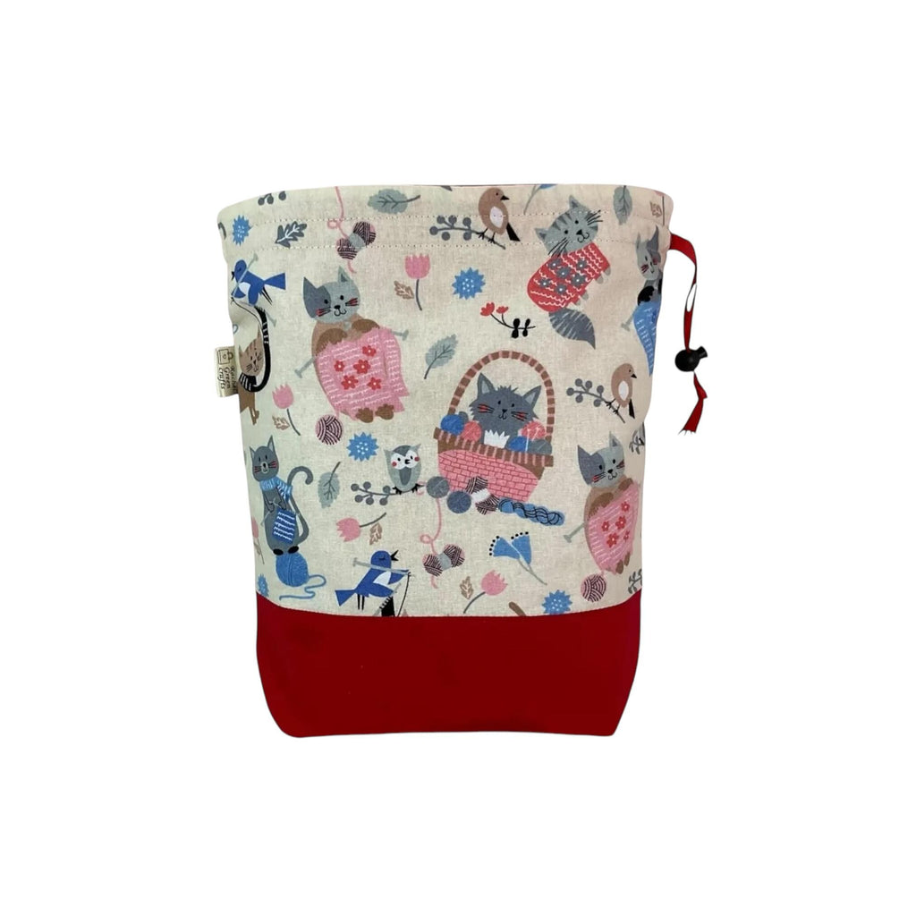 Two at a time knitting bag with cats, medium sock sack, red divided drawstring crochet and crafting work in progress bag , WIP bag