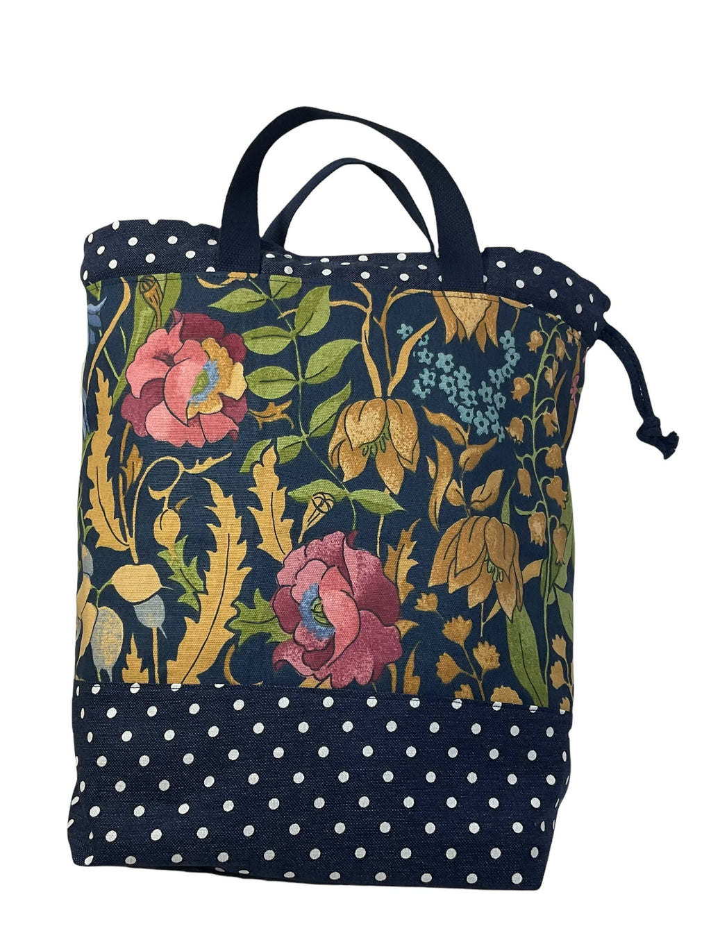 Extra Large canvas drawstring knitting bag with floral  print, multi pockets project  bag with handles, flower lover gift