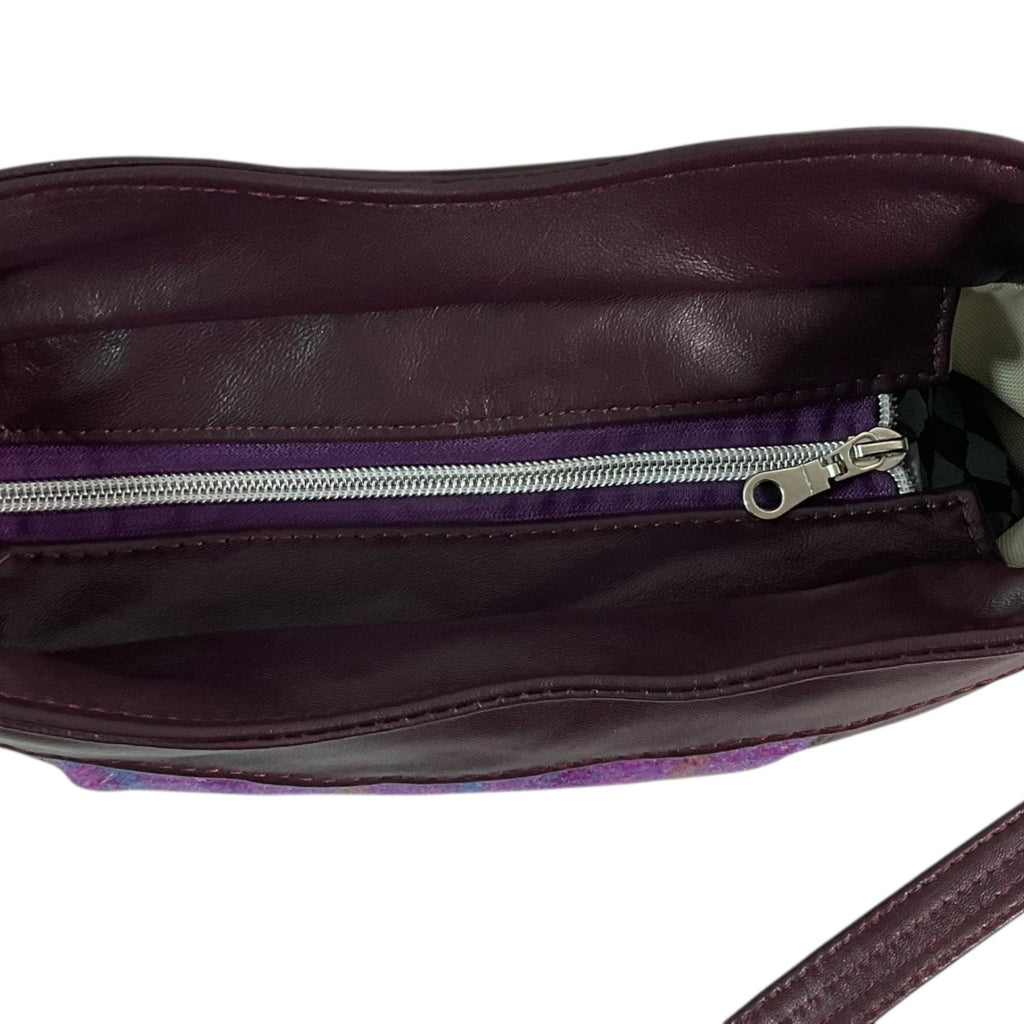 Handbag in genuine leather and Harris tweed tartan print pure wool, green and purple check medium sized zip top shoulder bag