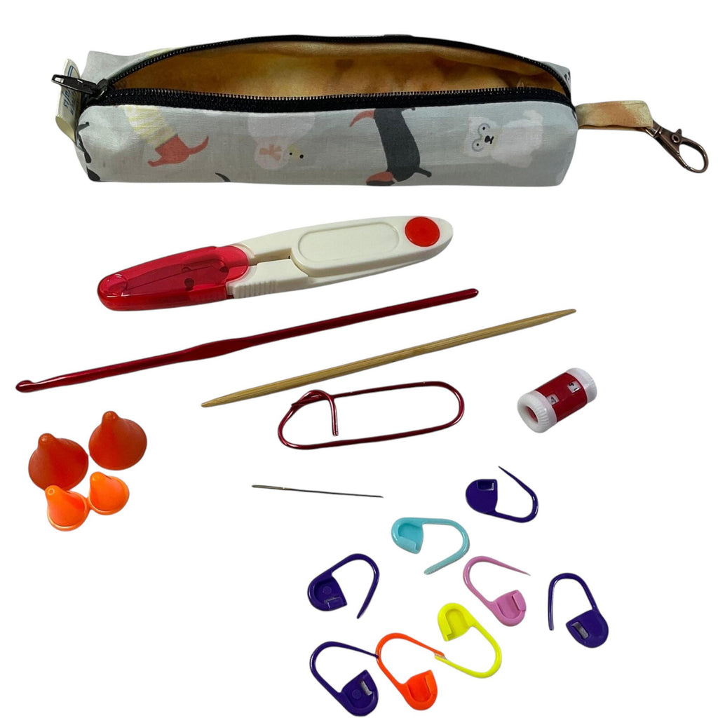 Knitting and crochet travel notions kit, clip on knit bag travel kit, stitch markers, accessories pouch, travel scissors, crafting kit