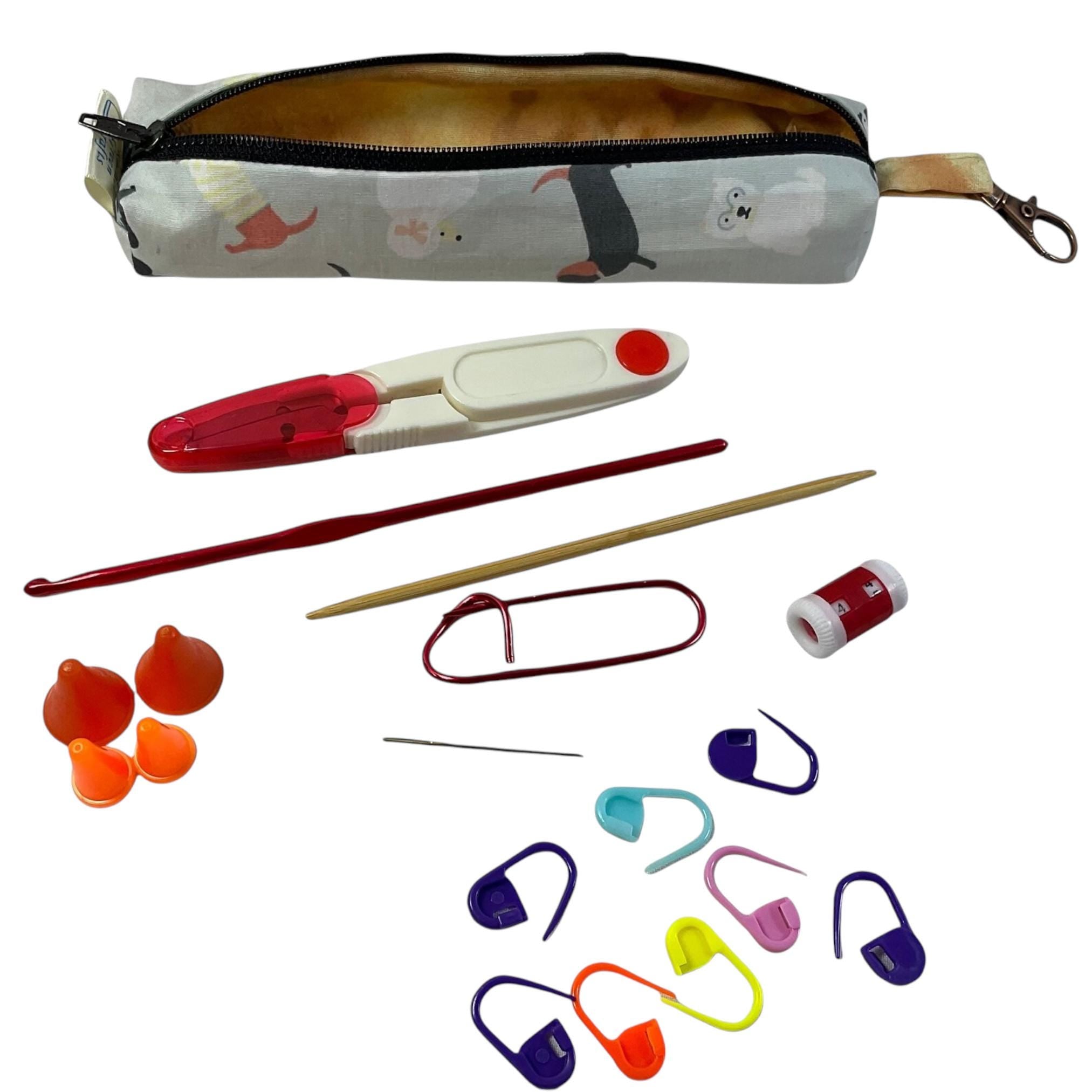 Knitting and crochet travel notions kit, clip on knit bag travel kit, stitch markers, accessories pouch, travel scissors, crafting kit