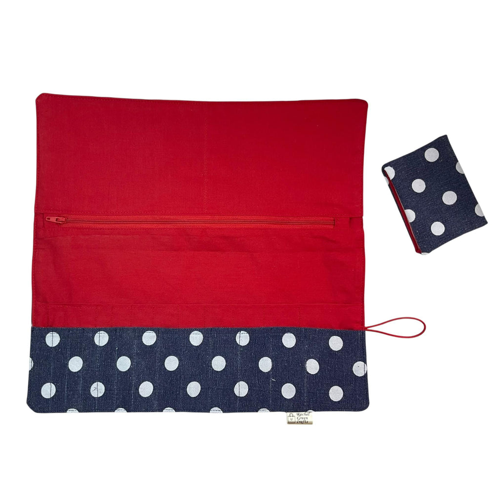 Interchangeable knitting needle case with denim spot, holds 2 sets, addi case, chiagoo wallet, knit pro organiser, sock needle pouch,