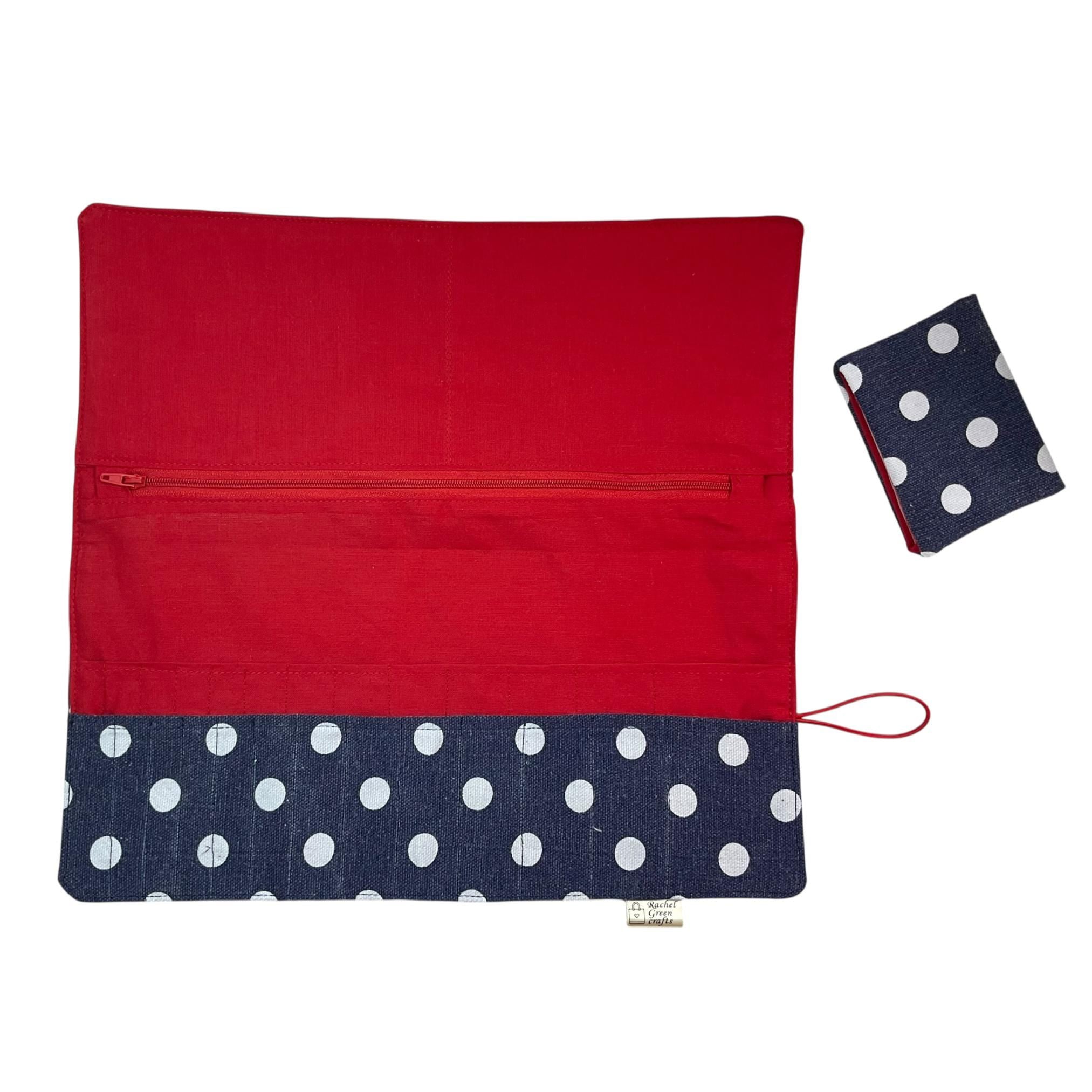 Interchangeable knitting needle case with denim spot, holds 2 sets, addi case, chiagoo wallet, knit pro organiser, sock needle pouch,