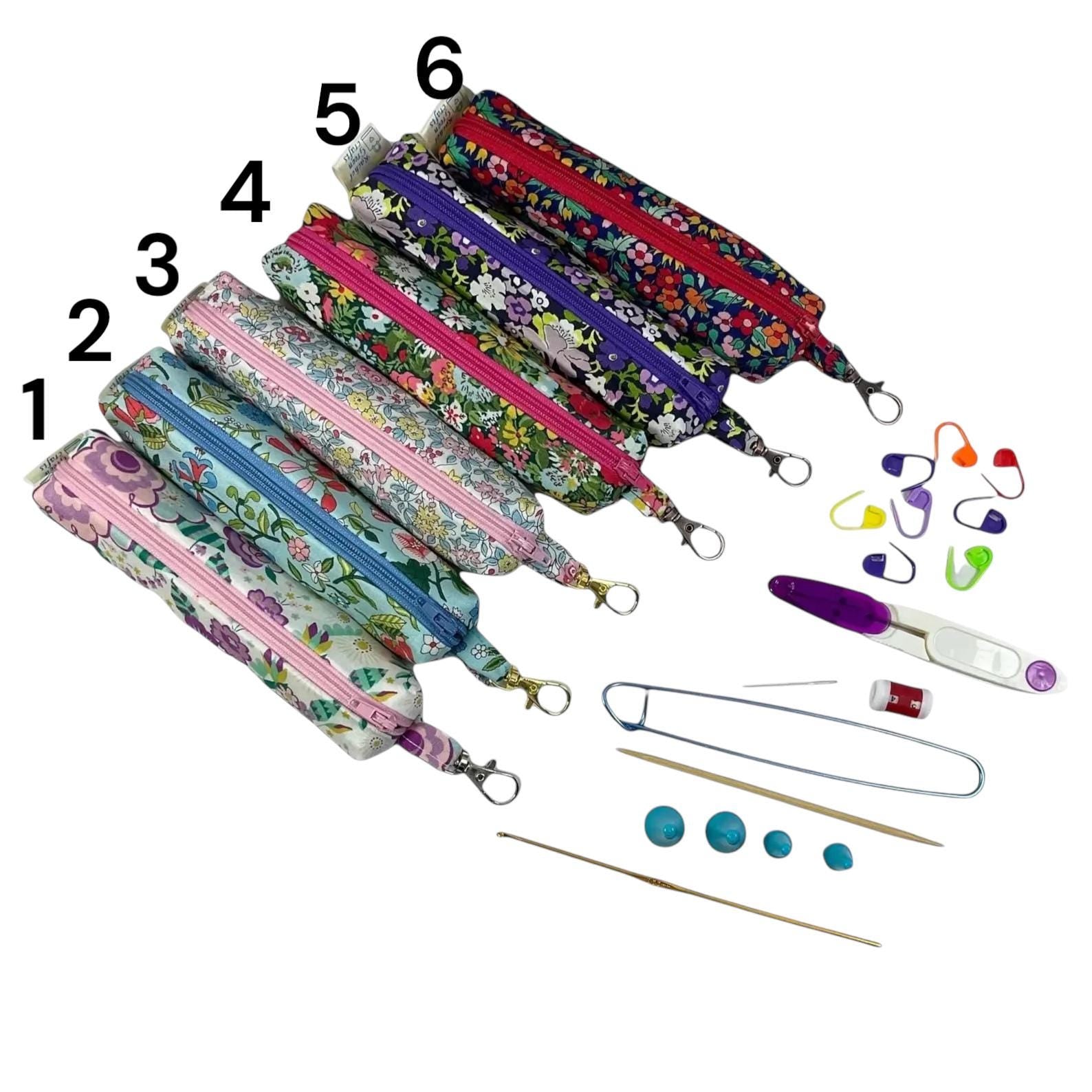 Knitting kit and crochet travel set in Liberty fabric, clip on bag travel kit, floral accessories pouch, travel scissors, crafting kit