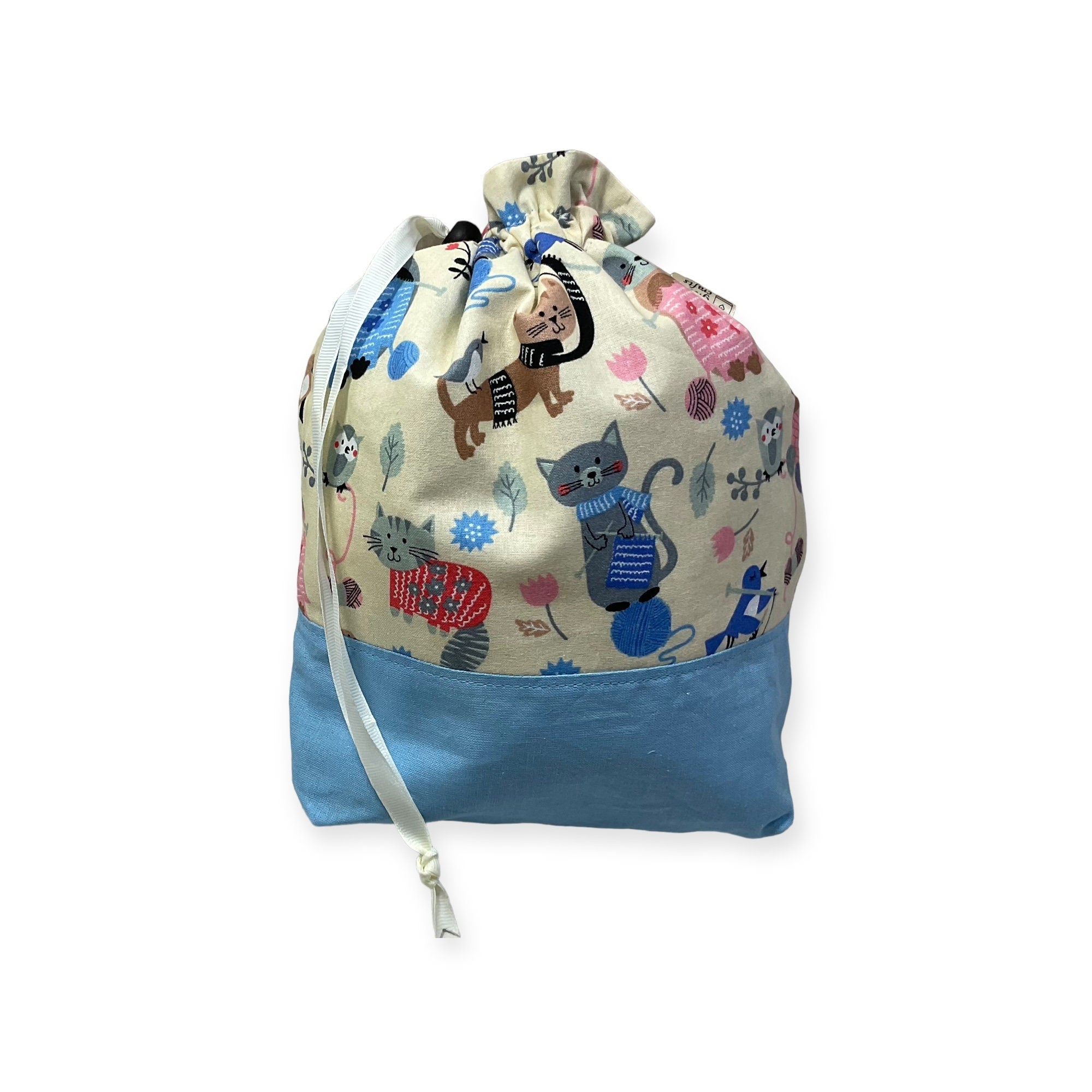 Two at a time knitting bag with cats, medium sock sack, blue drawstring divided, shoe, toiletries, work in progress bag , WIP bag