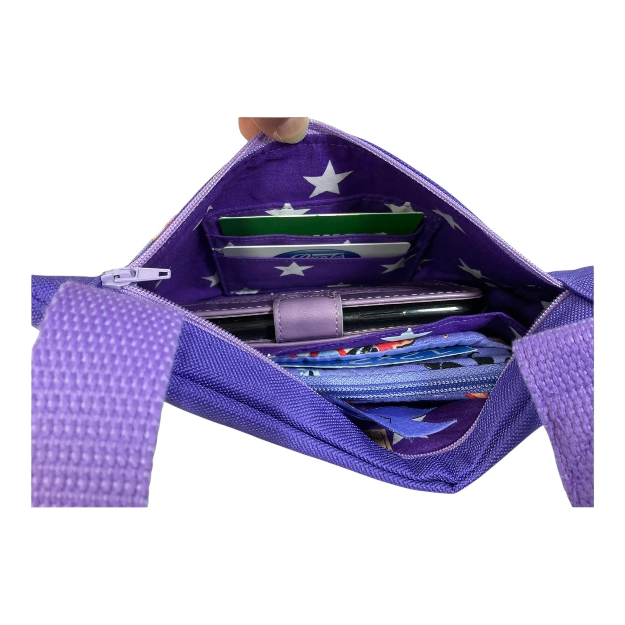 Small shoulder phone bag, flat hummingbird print Pouch, purple handbag, teenager purse, essentials bag