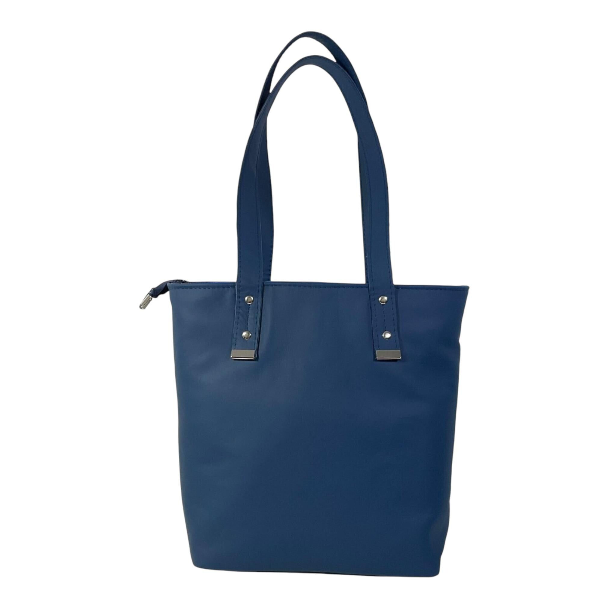 Tote bag made of genuine leather, medium sized deep blue shoulder bag