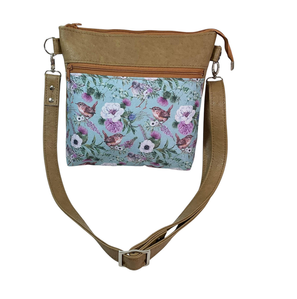 Floral Bird Print Faux Leather Handbag: Zip Top Crossbody Bag